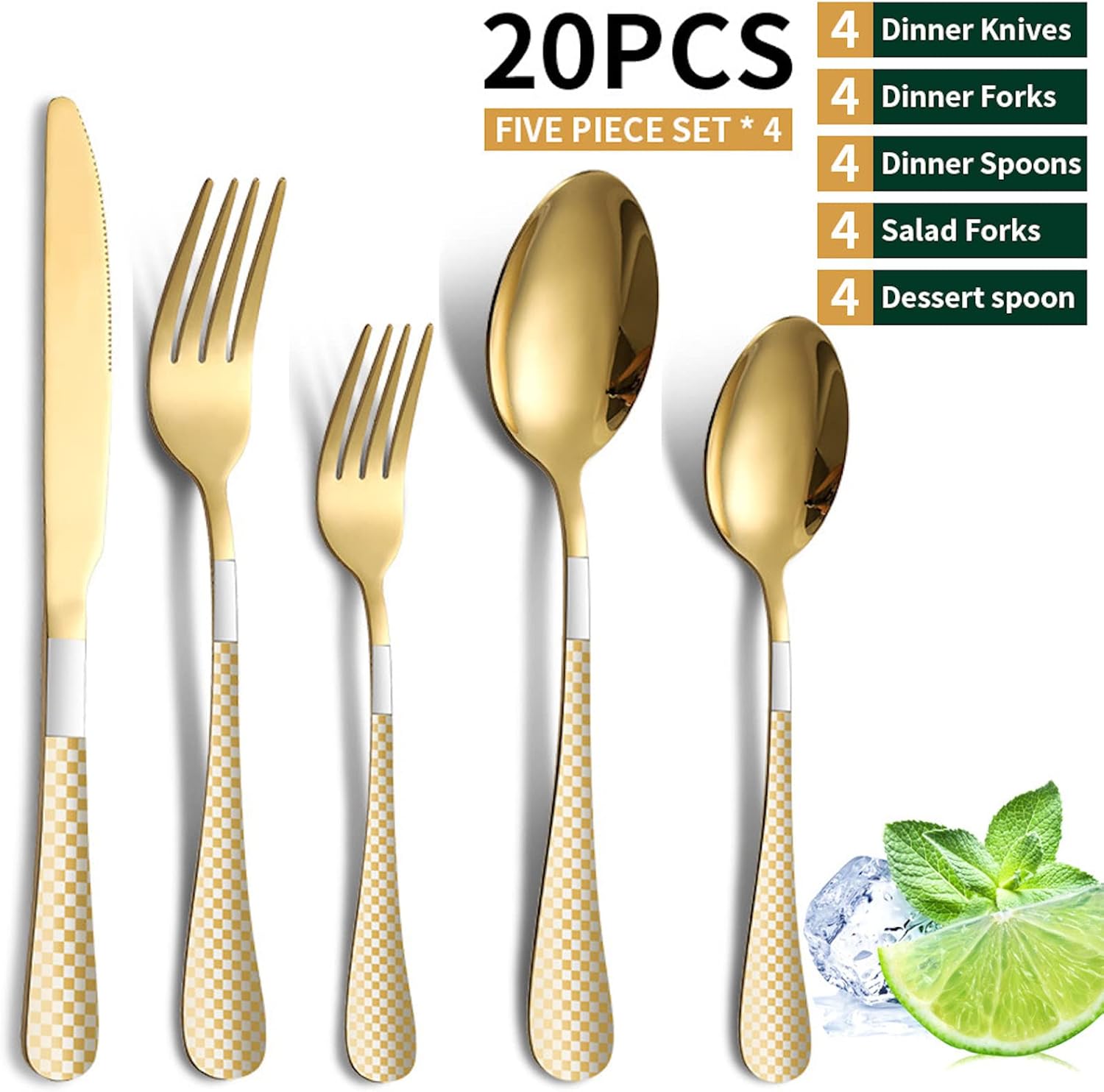 Juego de cubiertos de acero inoxidable con estampado a cuadros, 20 piezas, con cuchillo, tenedor, cuchara, apto para lavavajillas