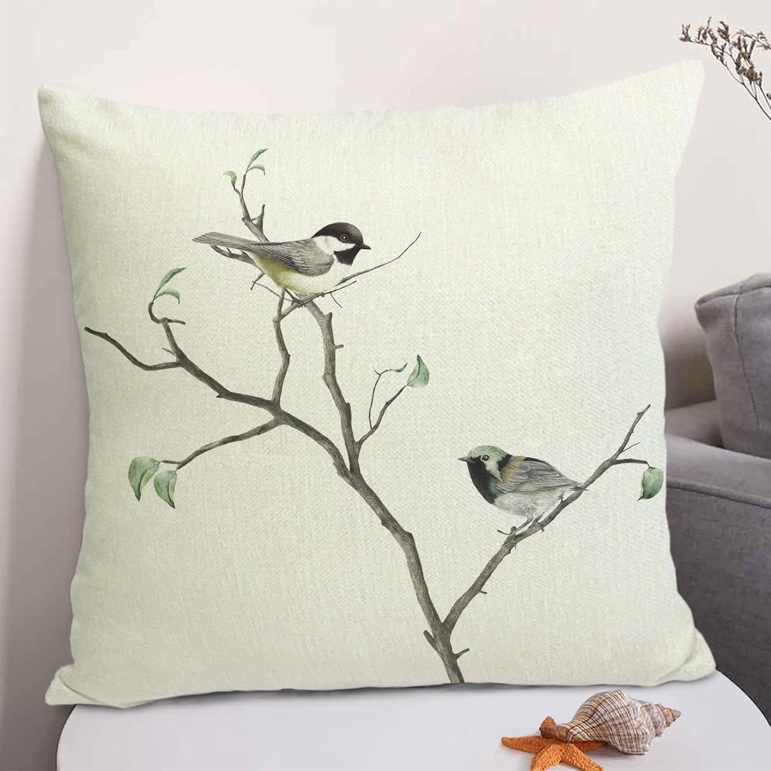 Fundas de almohada decorativas de lino de 18 x 18 pulgadas con diseño de pájaros en el árbol, funda de cojín para decoración de granja