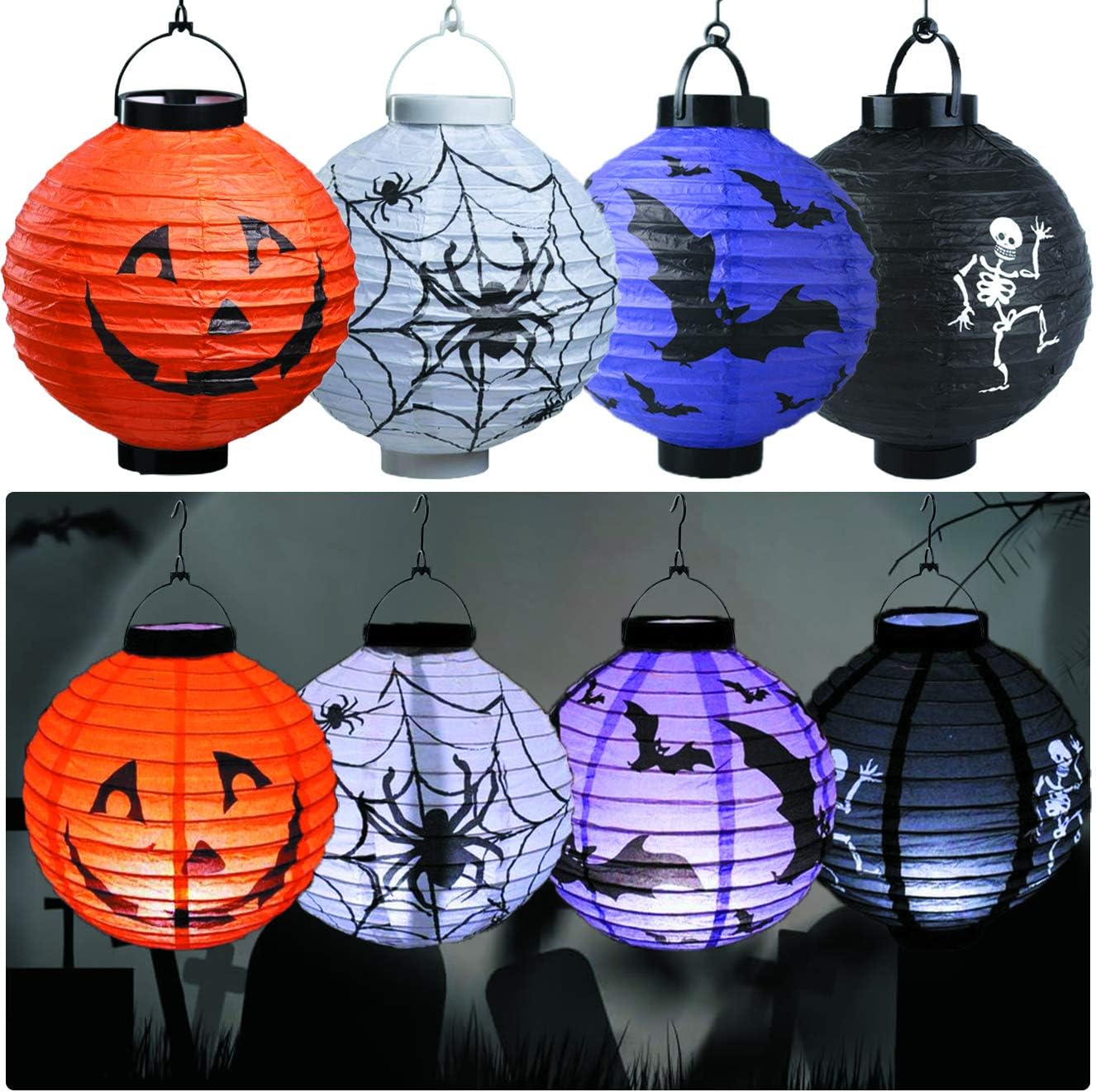 Bimkole Paquete de 4 faroles de papel para decoración de Halloween con calavera de araña, esqueleto, murciélago, calabaza, sonriente, para el hogar,