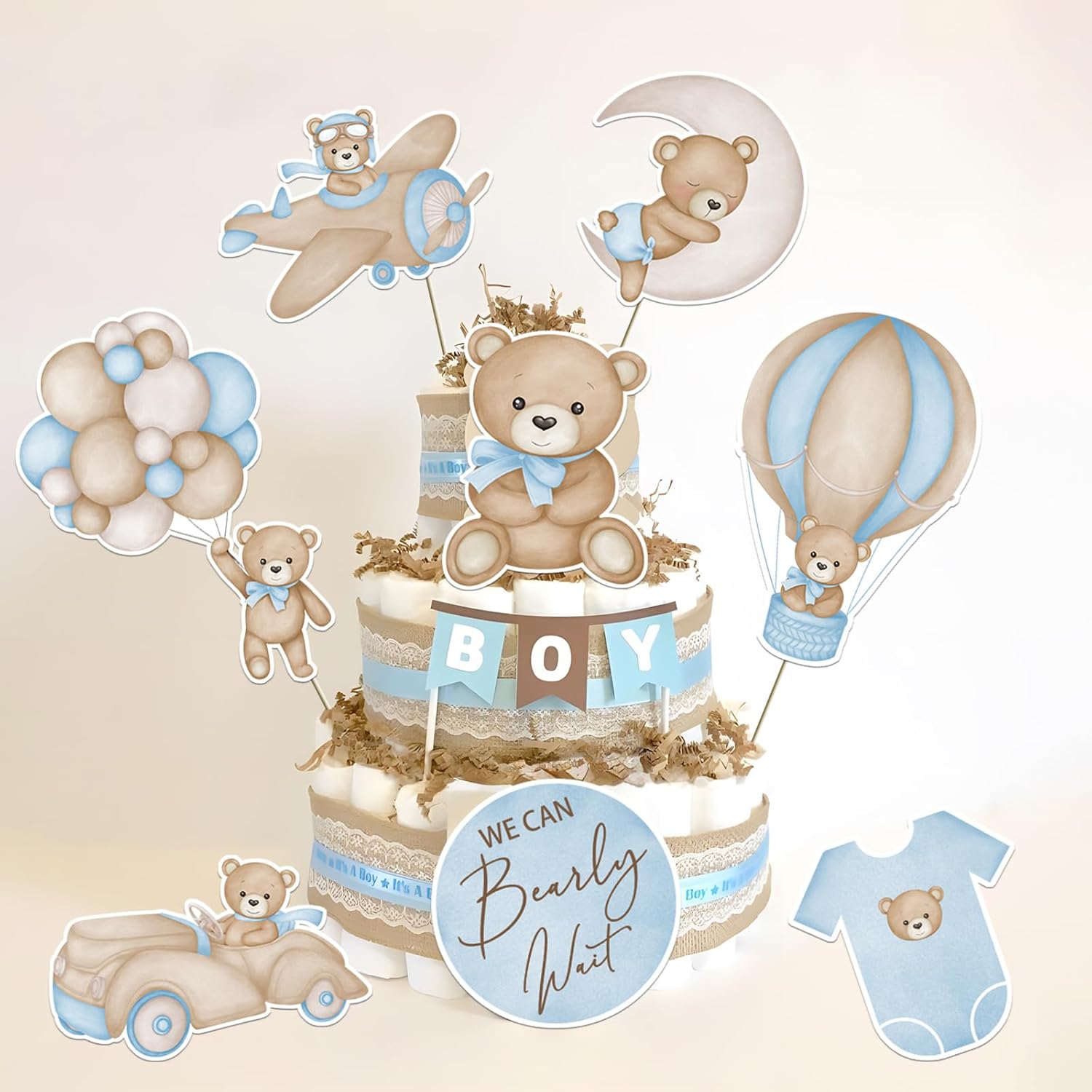16 centros de mesa azules con texto en inglés We Can Bearly Wait para decoración de baby shower, centros de mesa de oso para baby shower para niños,