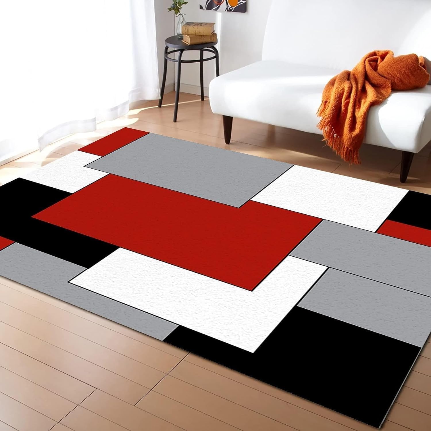AONIGE Alfombra de área geométrica con costuras rojas, negras y grises, alfombra pequeña de figura irregular abstracta, para sala de estar,