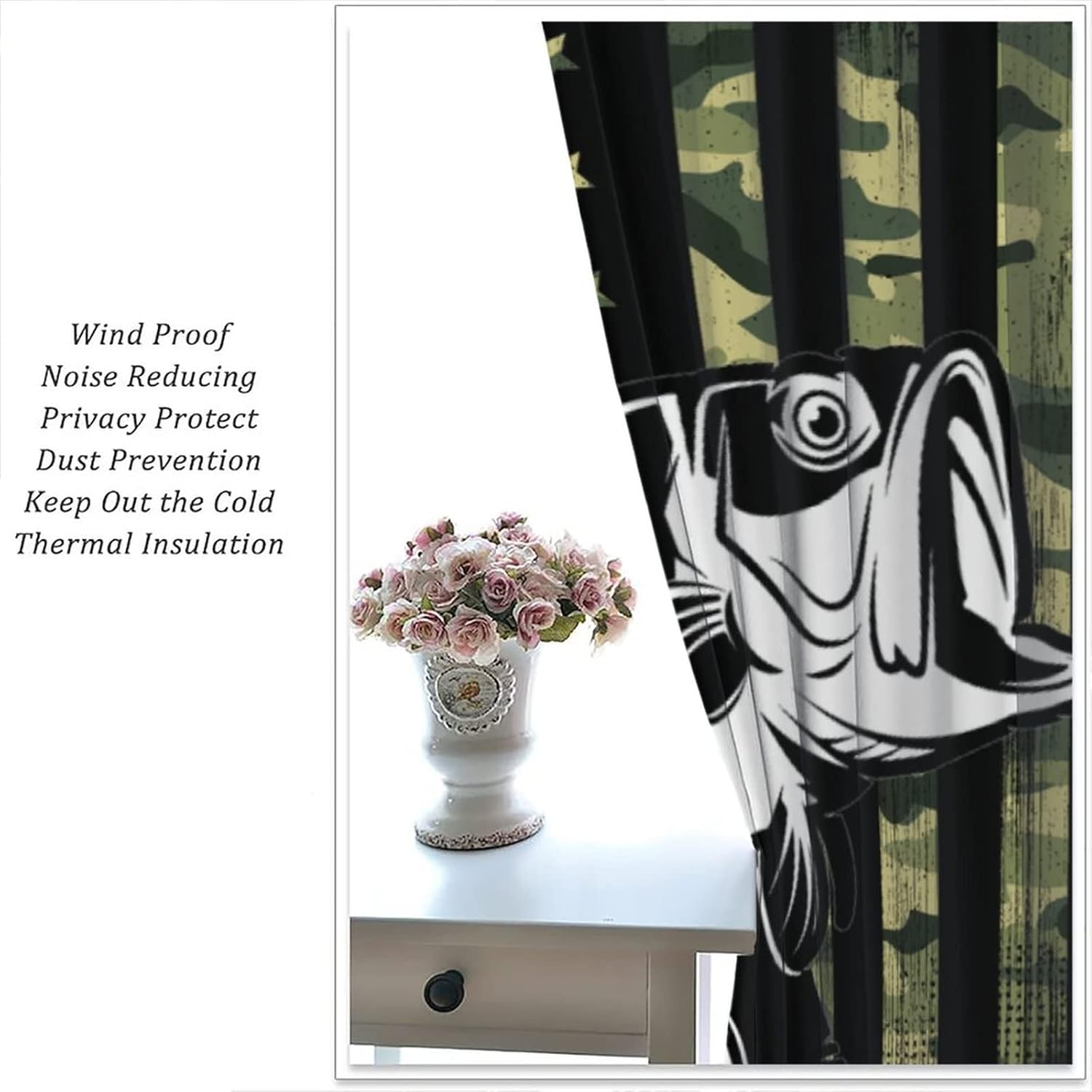 Cortinas de pesca con estampado de bandera de camuflaje verde, estampado de peces y lubina, cortina opaca para dormitorio, sala de estar, 2 grupos