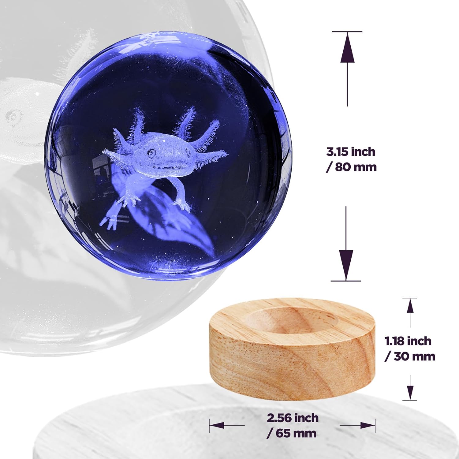 Luz nocturna de bola de cristal de ajolote 3D con control remoto, lámparas de bola de vidrio de ajolote de 3.15 pulgadas con base de madera LED de