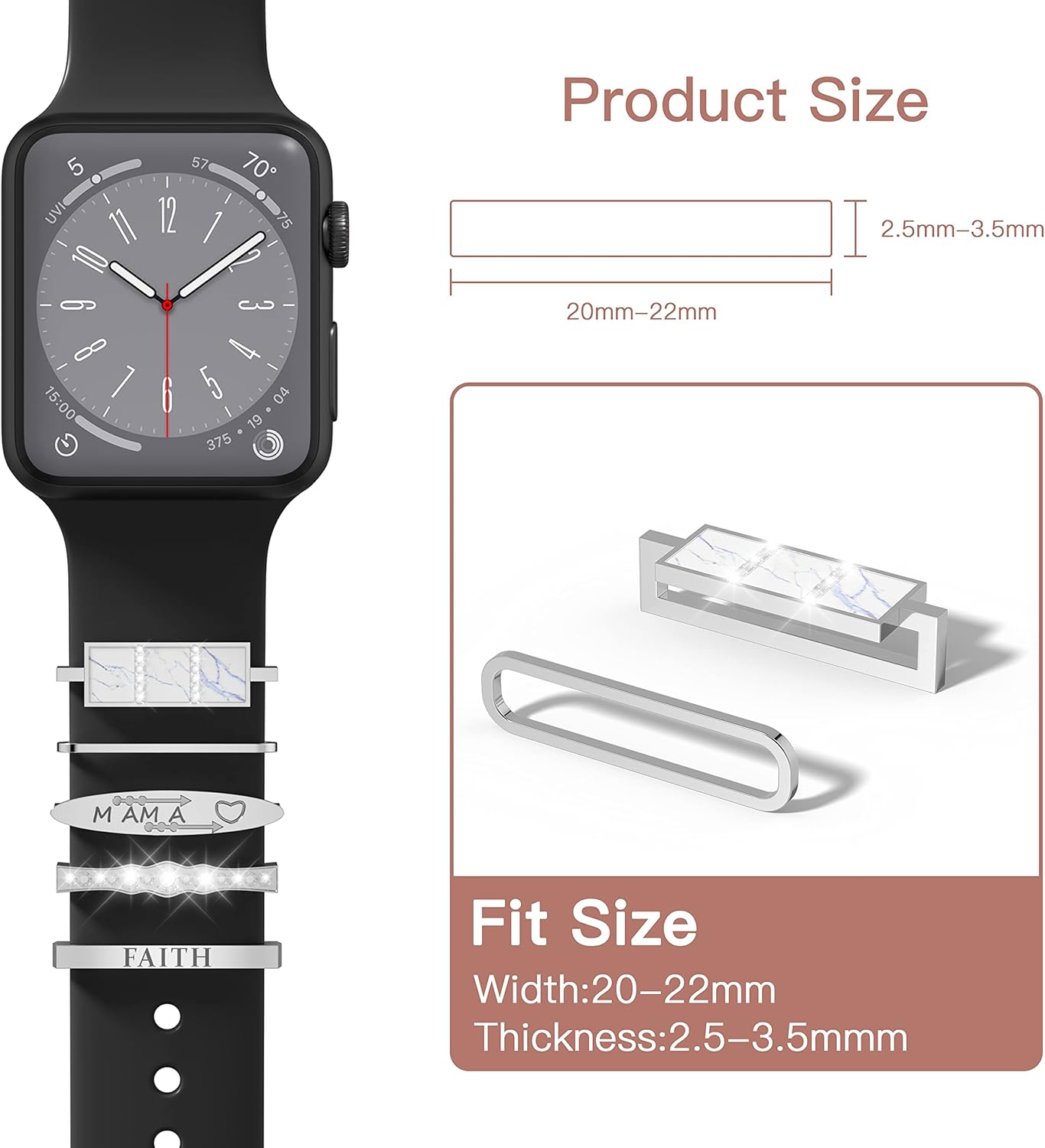 Suoman Juego de 5 trabillas decorativas para Apple Watch Series para iWatch de 1.929 in, 1.772 in, 1.614 in, 1.732 in, 1.575 in, 1.654 in, 1.496 in,