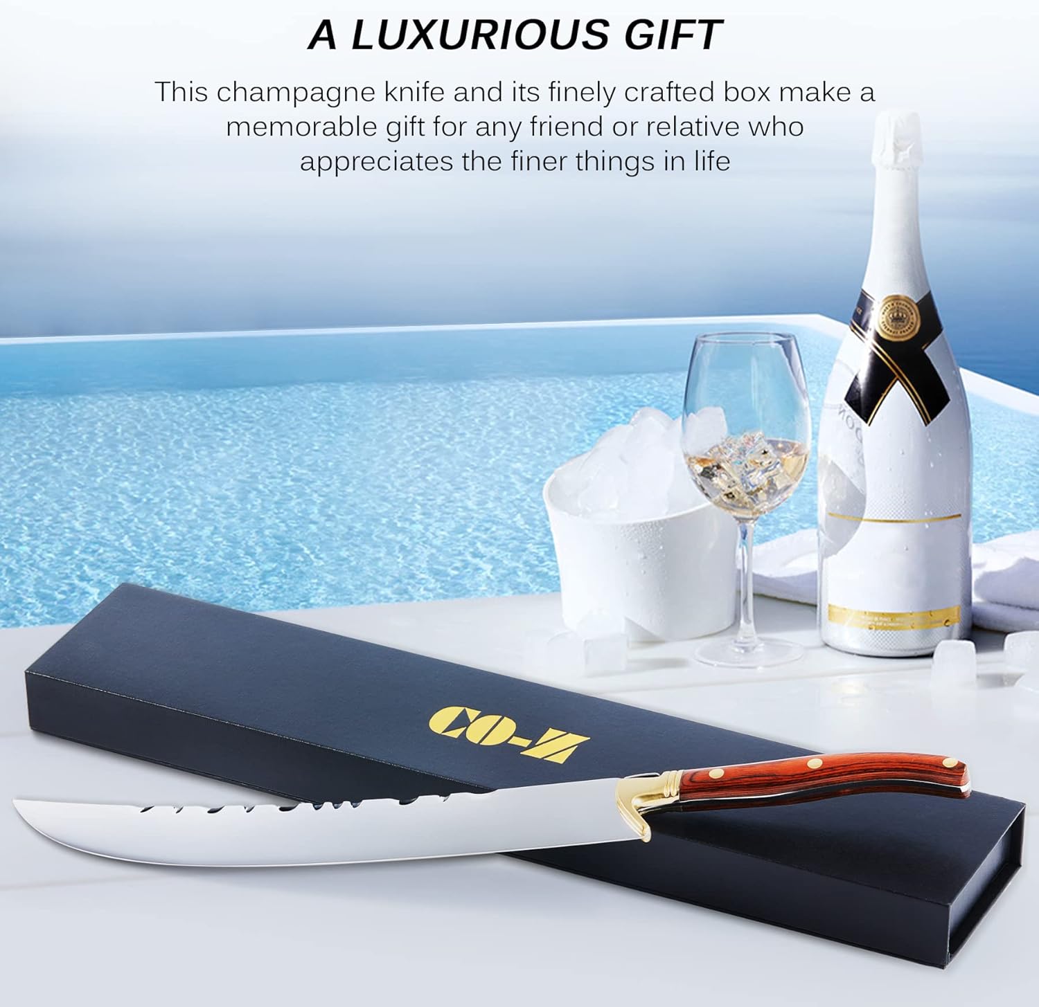 CO-Z Sable de champán con caja, cuchillo de champán abridor de vino con mango de madera y detalles dorados, abridor de botellas de acero inoxidable