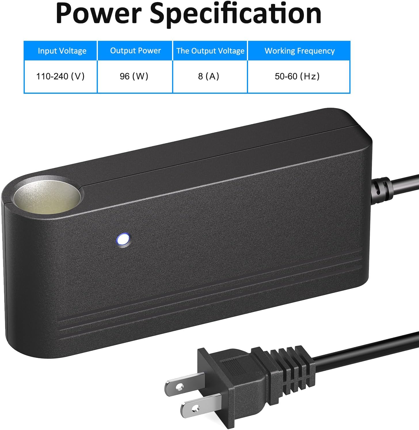 Adaptador de corriente de CA a CC de 12 V, 8 A, 96 W, 110  240 V CA a 12 V CC, convertidor de enchufe de encendedor de cigarrillos, convertidor de