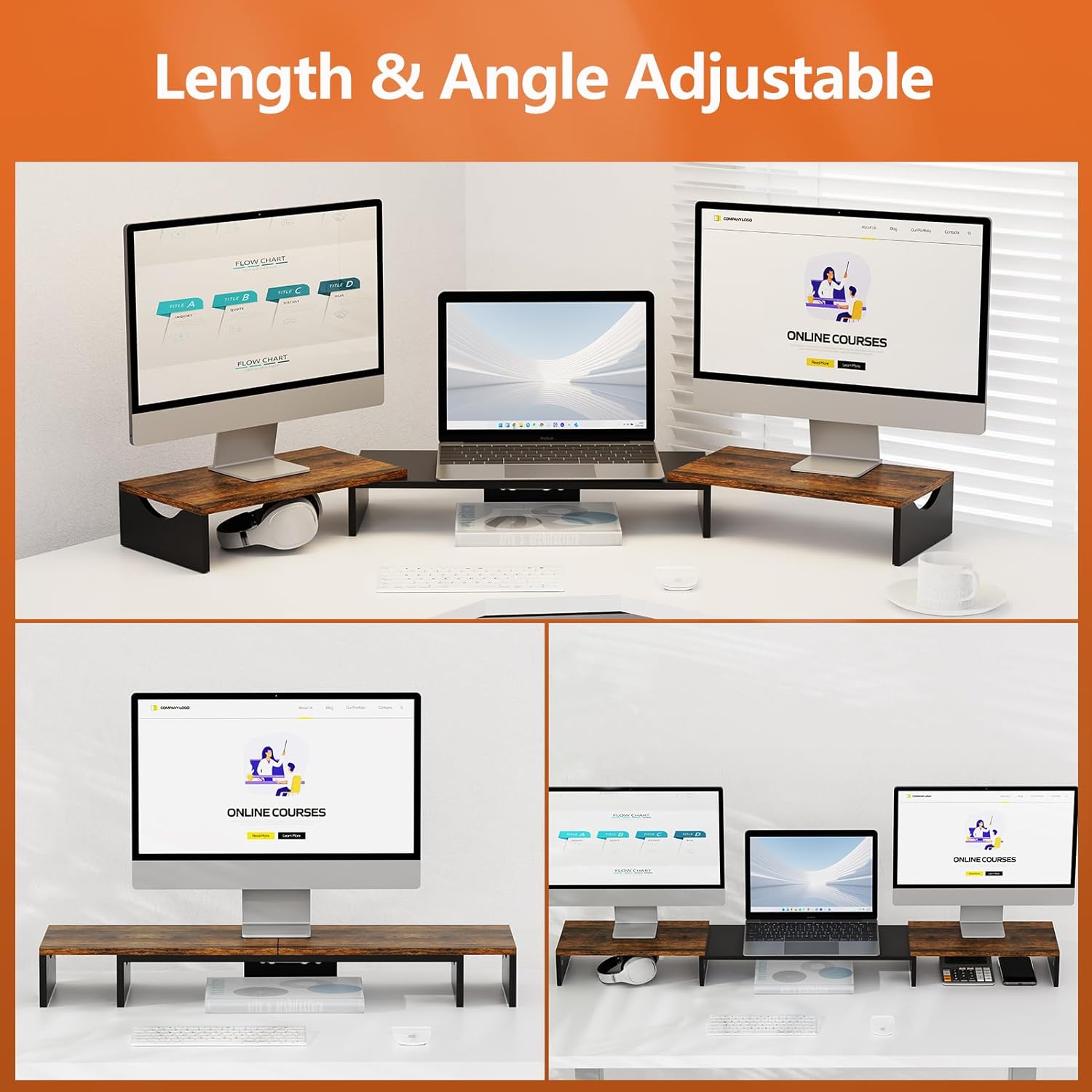 Elevador de monitor triple, elevador de monitor extra largo para 1  2  3 monitores, soporte de monitor doble con longitud y ángulo ajustable,