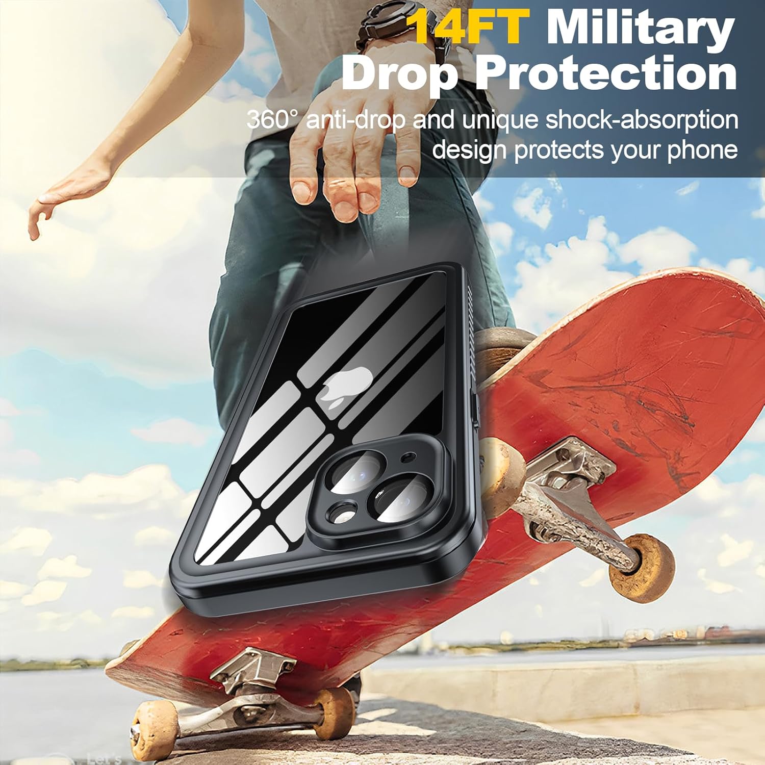 ANTSHARE Funda impermeable para iPhone 15, protector de pantalla y lente integrados 14 pies a prueba de caídas militares cuerpo completo a prueba de