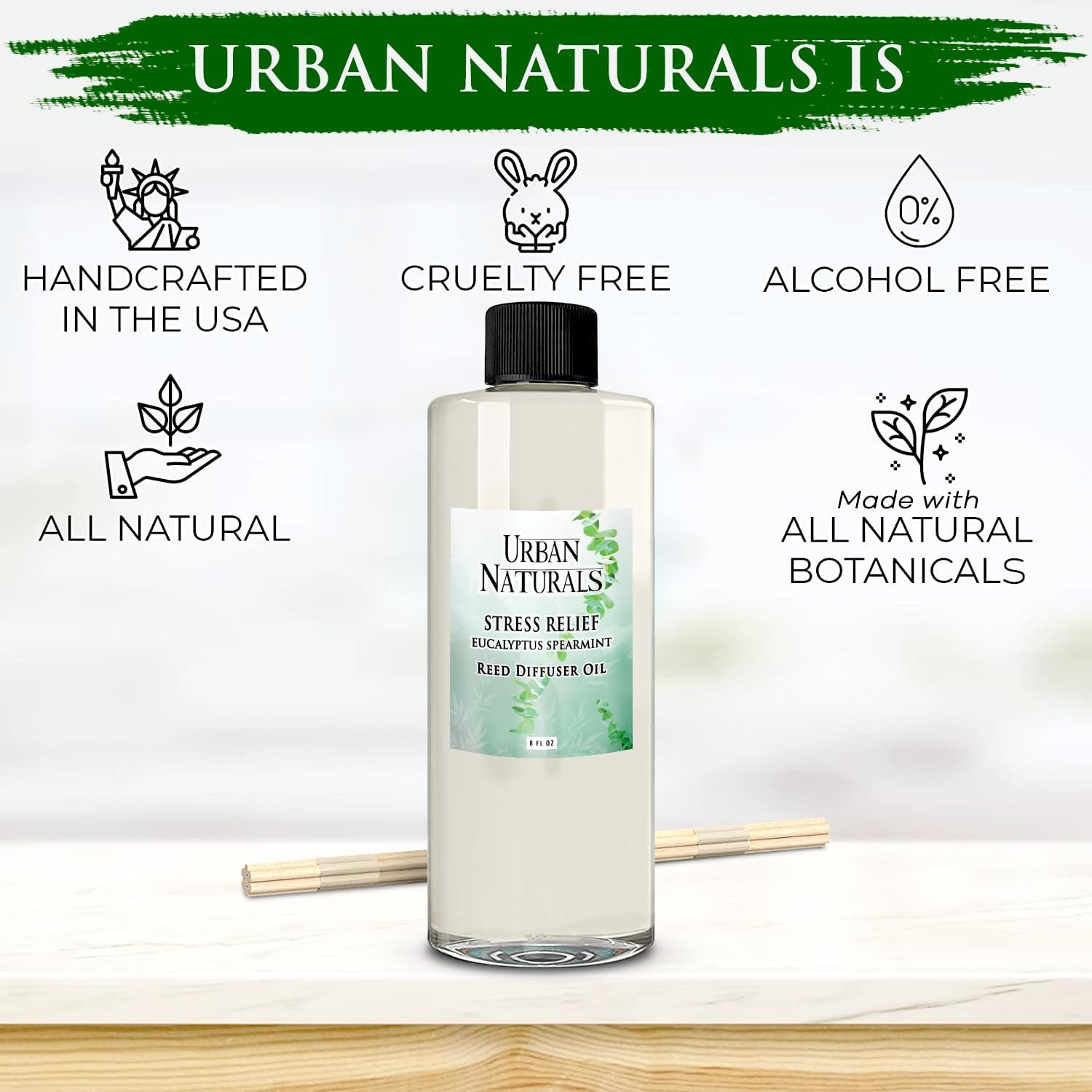 Urban Naturals Recambio de difusor de varillas de aceite esencial de eucalipto de menta verde para aliviar el estrés, tamaño grande de 8 onzas,