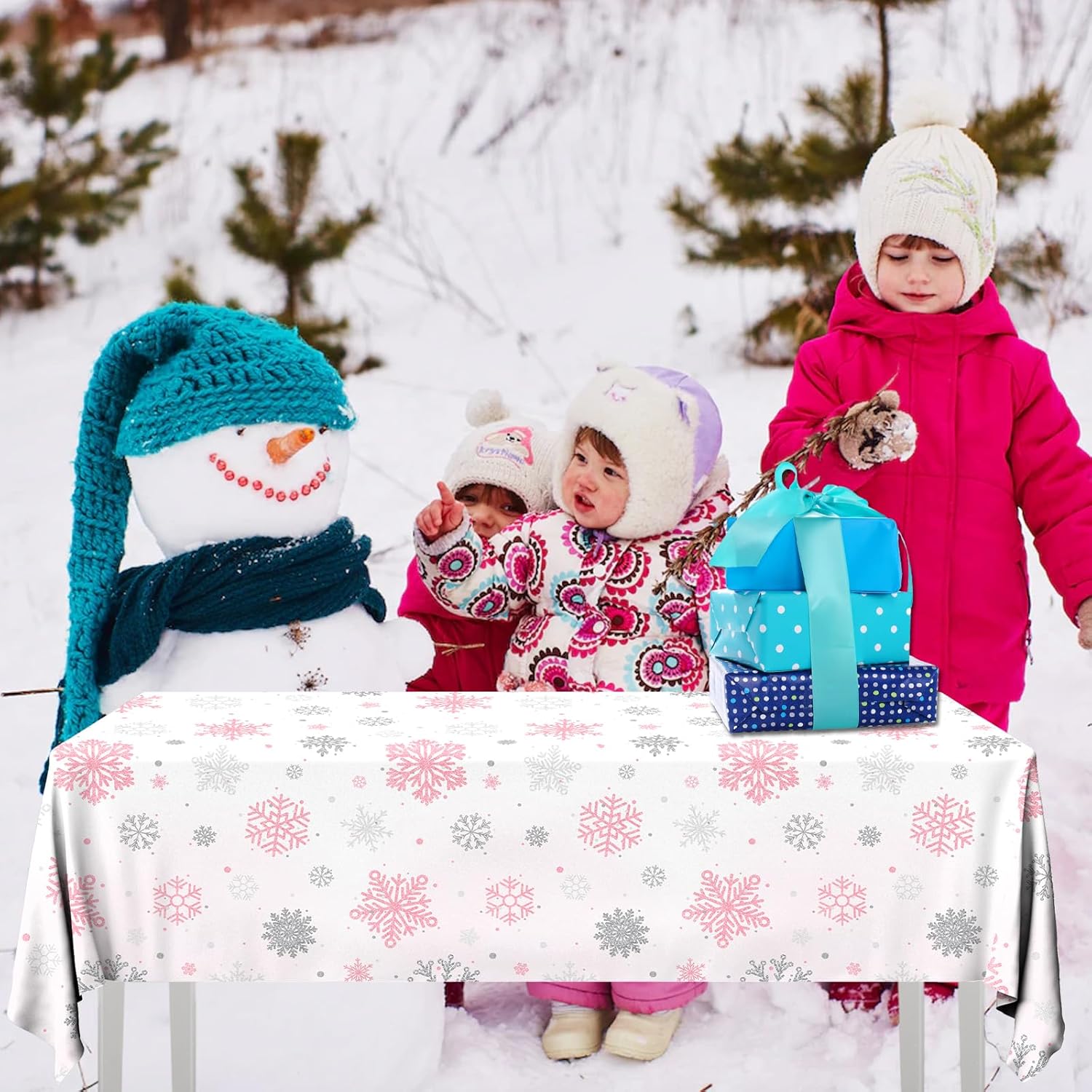 Mantel de invierno con diseño de copo de nieve, 3 piezas, decoración de fiesta de invierno, copos de nieve, rosa, blanco, temático de país de las