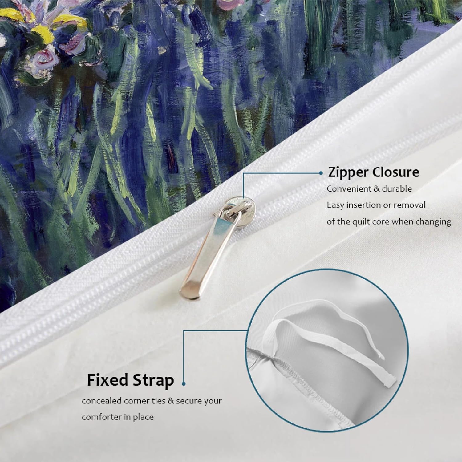 Claude Monet Funda nórdica de Flor púrpura 3 piezas juego de ropa de cama de jardín Suave y cálido con cierre de cremallera (1 funda nórdica + 2