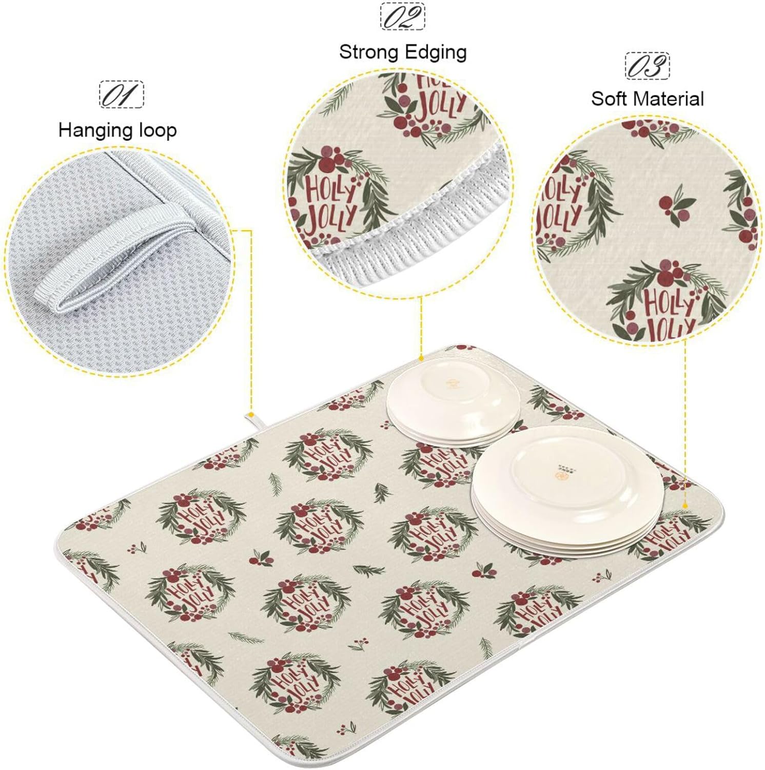 Christmas Wreath Drying Dish Mat Washnable Absorbent Counter Mat Kitchen Dish Drainers Mat Tapete Para Cocina 16” x 18”