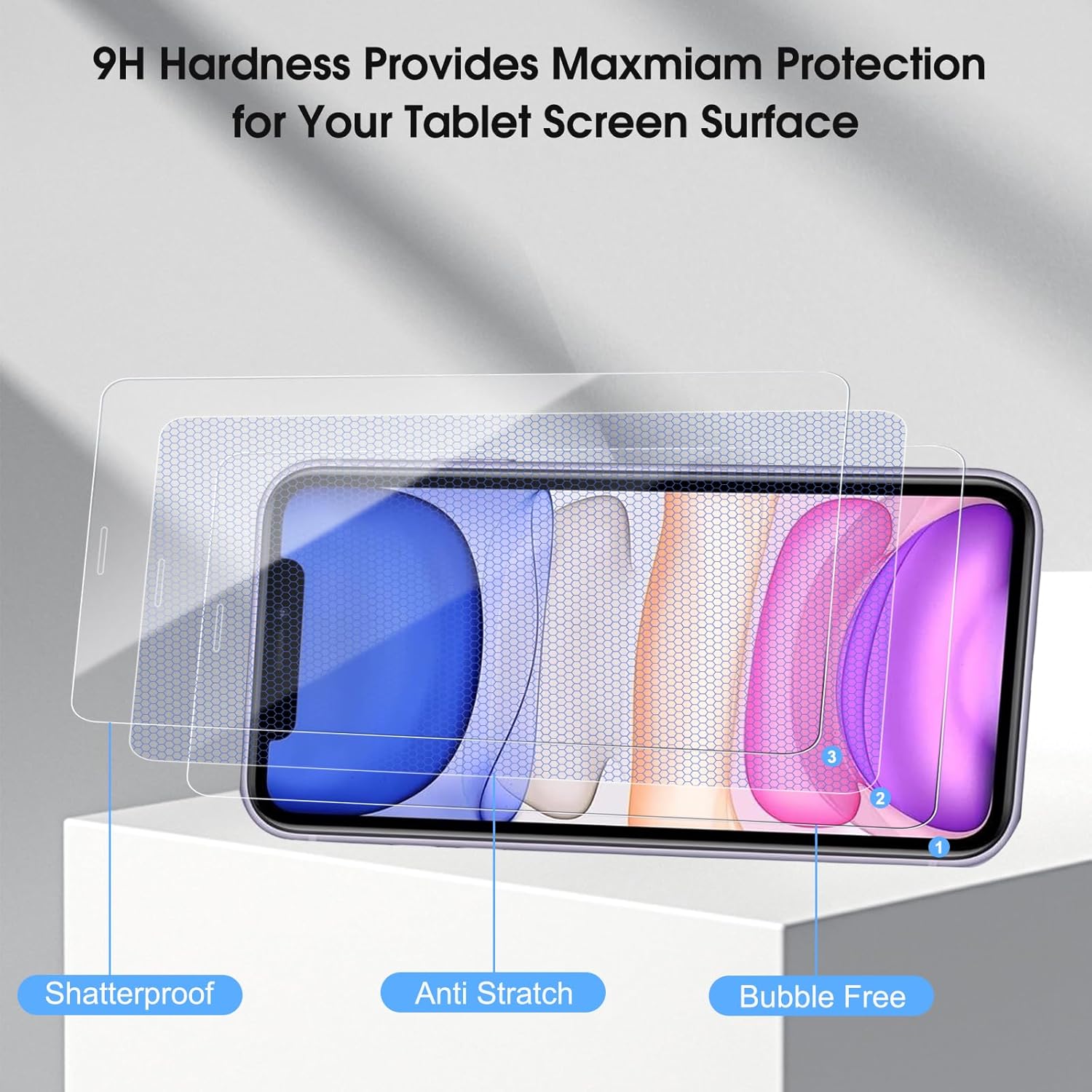 Qularlans Paquete de 3 protectores de pantalla para iPhone 11XR de 6.1 pulgadas, dureza 9H, resistente a los golpes, vidrio templado HD Ultra Clear