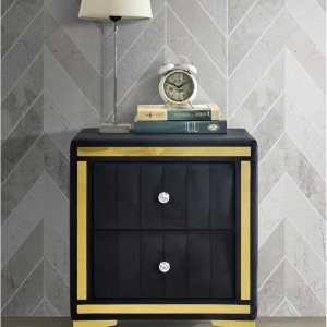 Better Home Products Mesita de noche Monique Velvet con patas doradas en negro Better Home Products Mesita de noche Monique Velvet con patas doradas en negro