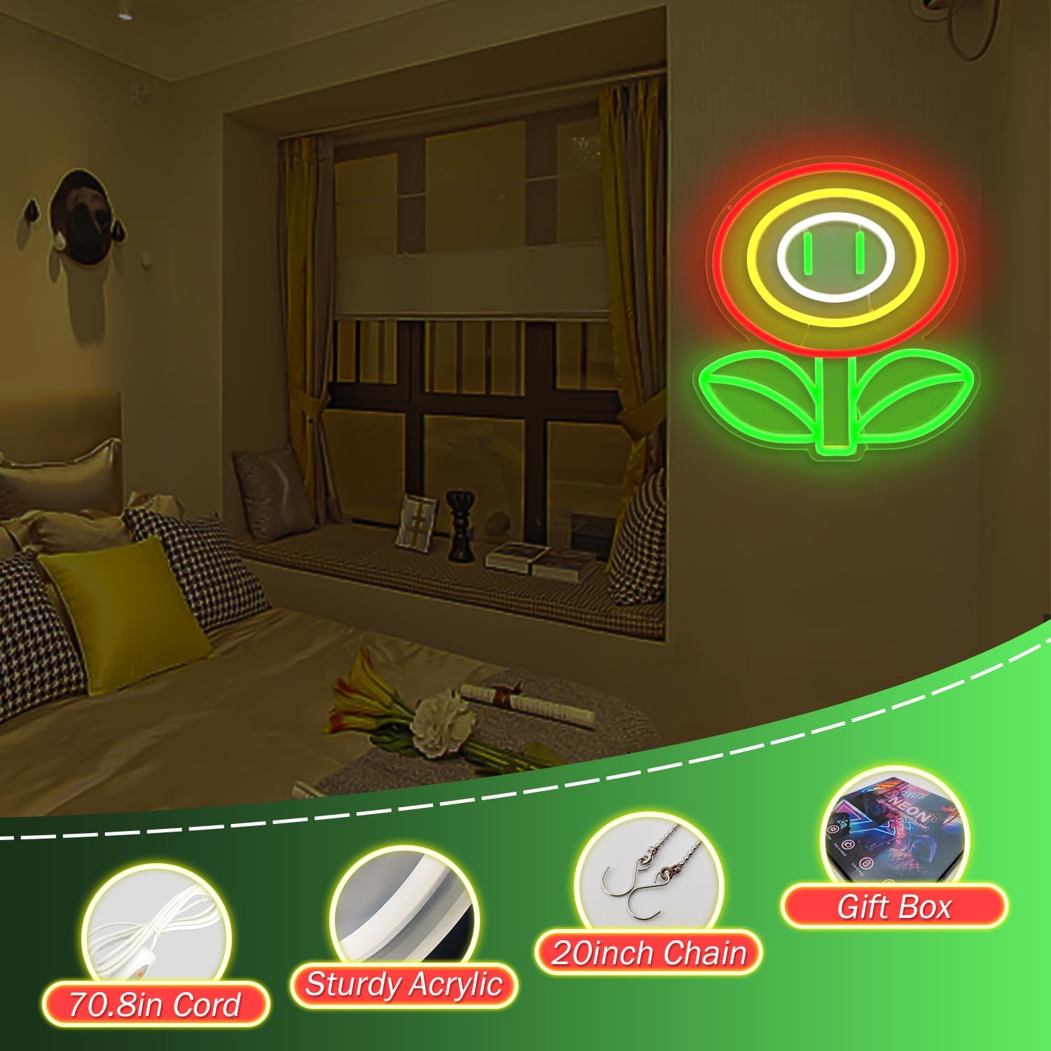Letrero de neón de flores de fuego, luz de neón para juegos, sala de juegos, dormitorio de niños, cueva del juego, letreros de neón para decoración