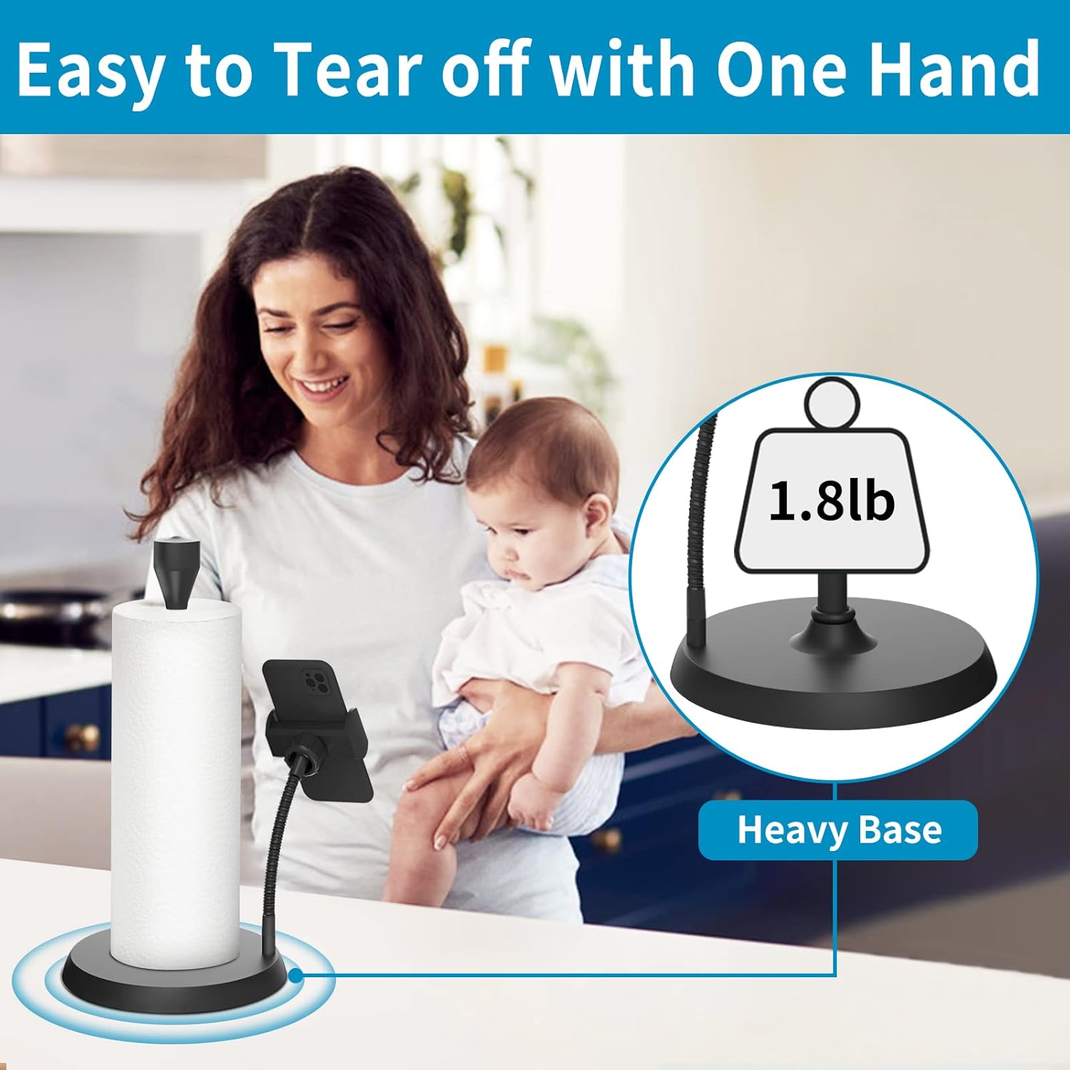 Toallero de papel negro multifunción para encimera con soporte para teléfono, soporte para toallas de papel fácil de rasgar con una mano con base