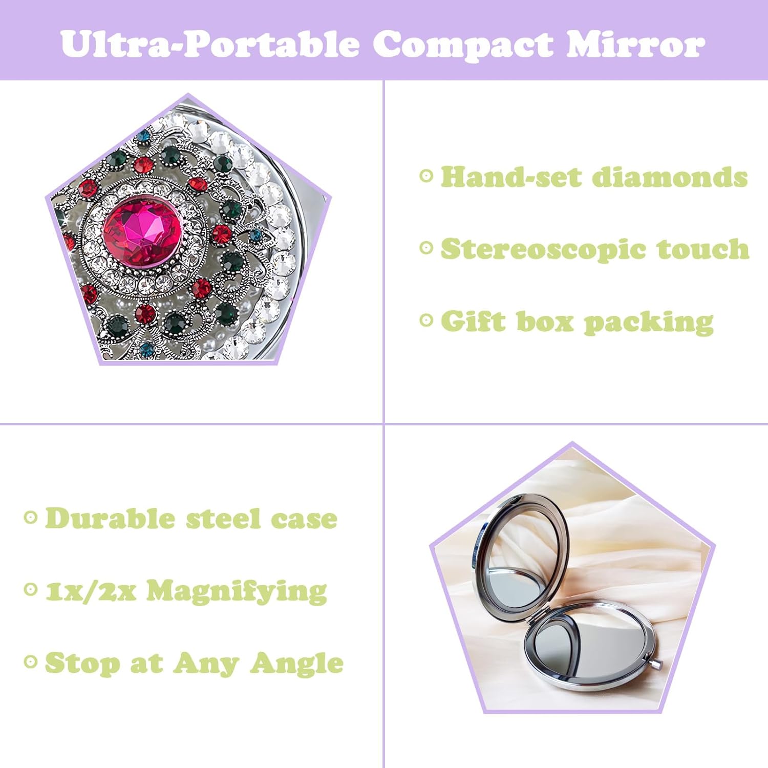 Espejo de bolsillo para mujer, 1x2x, espejo compacto para monederos, pequeño espejo redondo hecho a mano, mini espejo de maquillaje de viaje para