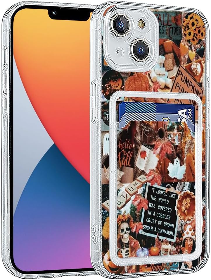 Funda estética para iPhone 14 con tarjetero, diseño retro de otoño tropical, diseño de calabaza, diseño moderno y moderno, funda de regalo de TPU