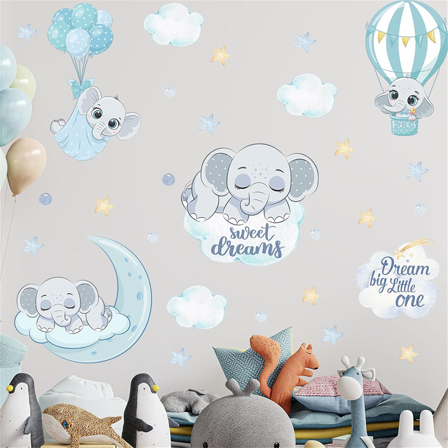 Calcomanías de pared de elefante azul con diseño de animales lindos, diseño de luna y estrellas, nube, globo de aire, papel tapiz extraíble, papel
