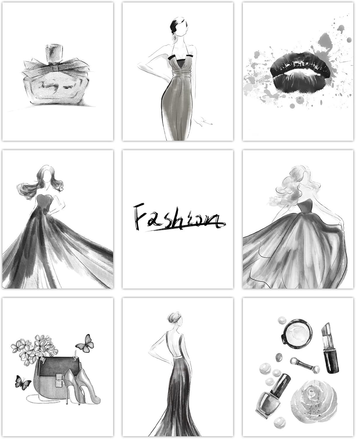 PLIGREAT 9 impresiones de pared de moda para mujer, decoración de pared en blanco y negro, pintura de pared moderna sin marco, impresión de lienzo
