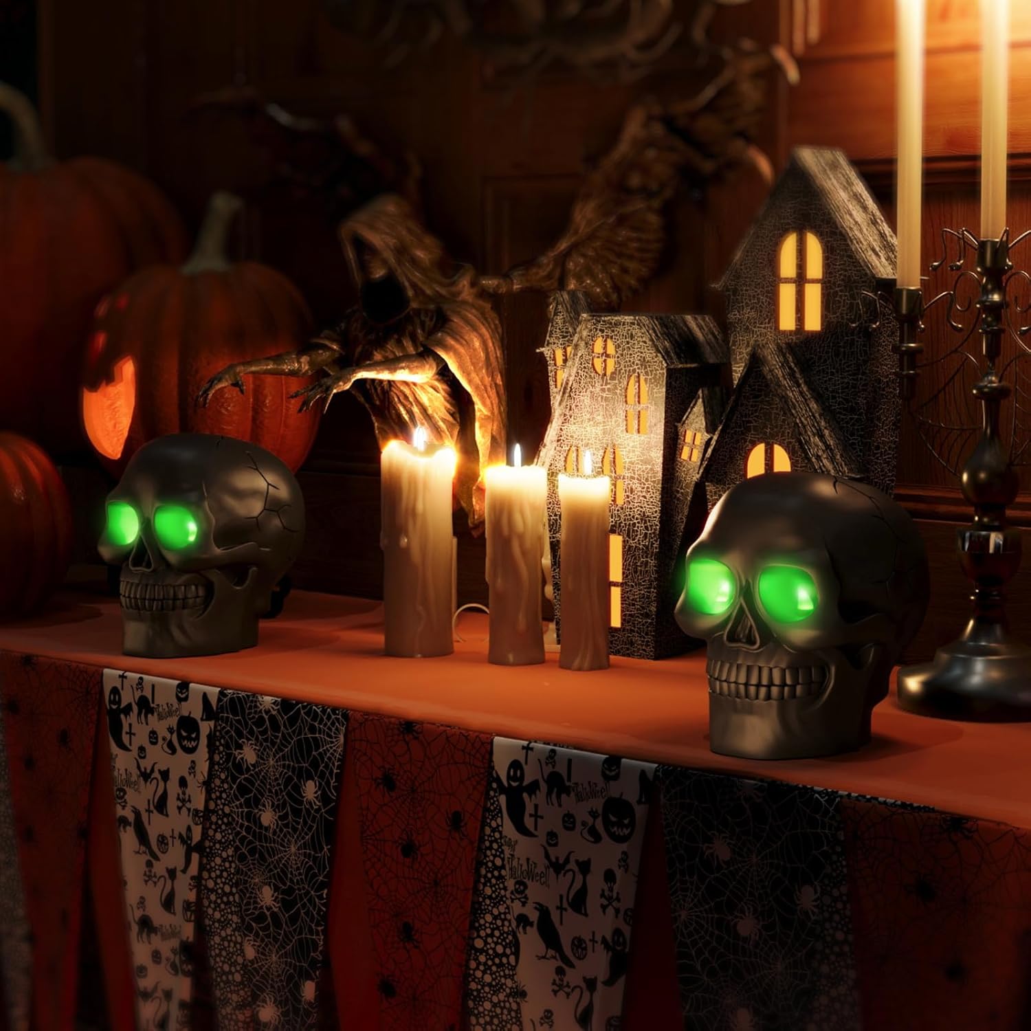 Patiphan Vela sin llama de calavera de Halloween con ojos iluminados y temporizador, estatua de vela de esqueleto de cera aterradora, funciona con