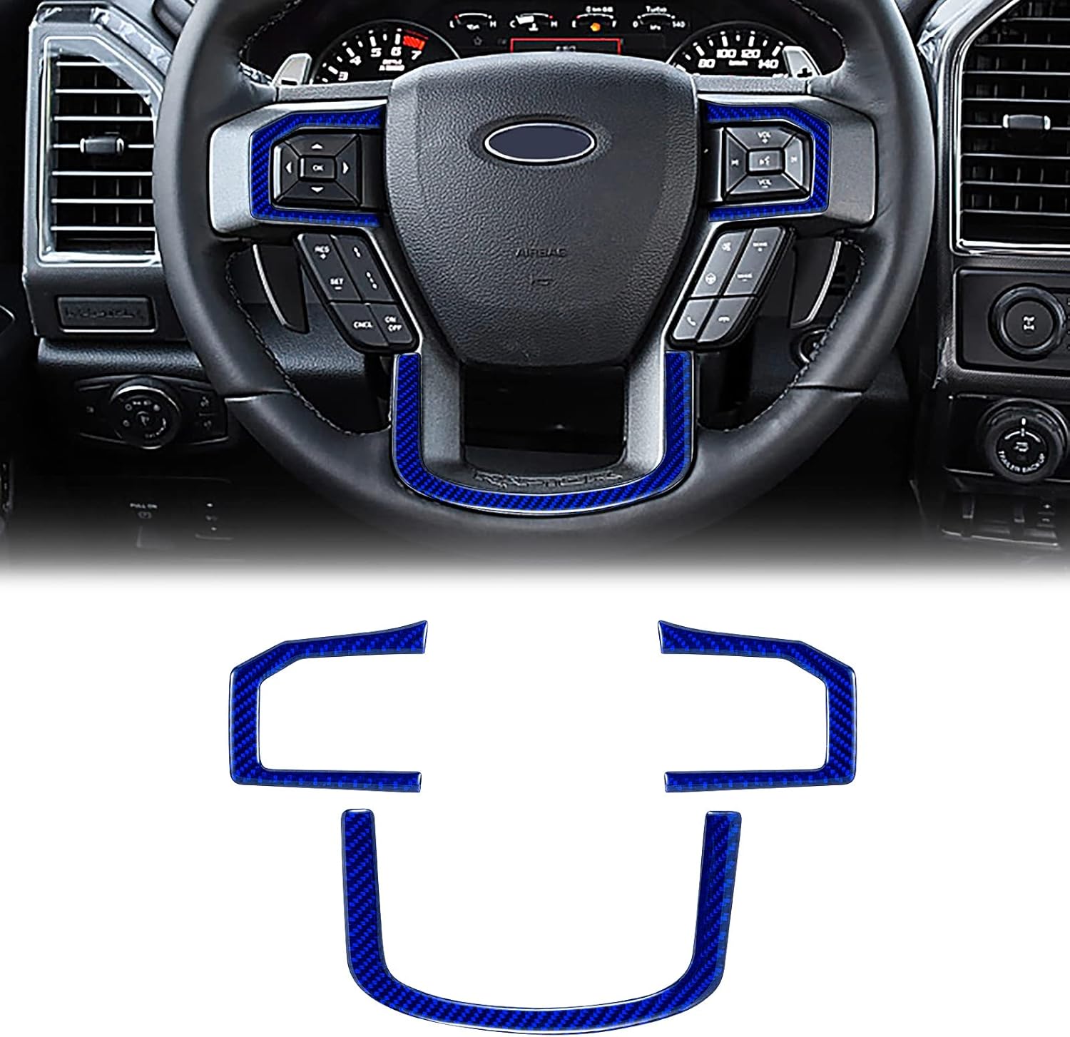 YAMUDA Compatible con 3 piezas de fibra de carbono para volante de automóvil, accesorios interiores para Ford F150 2015 2016 2017 2018 2019 2020