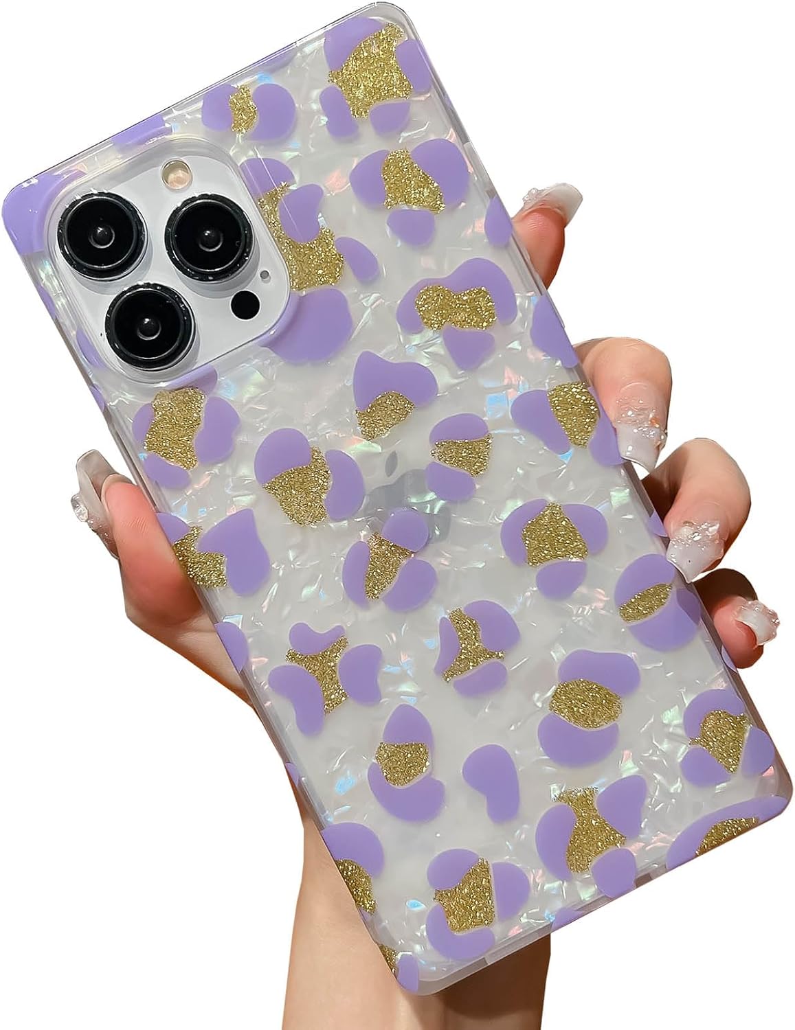 KERZZIL Funda de lujo con diseño de leopardo y perla para iPhone 13 Pro de 6.1 pulgadas, con borde cuadrado, bonito polvo dorado dorado brillante