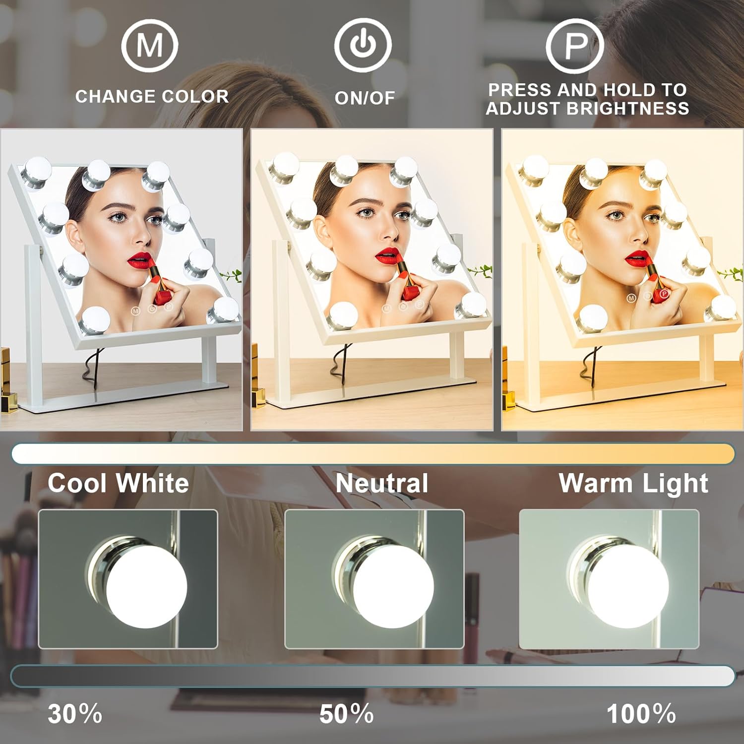 Espejo de tocador con luces, espejo de maquillaje con 9 bombillas LED para escritorio de maquillaje, espejo de maquillaje iluminado, 3 colores