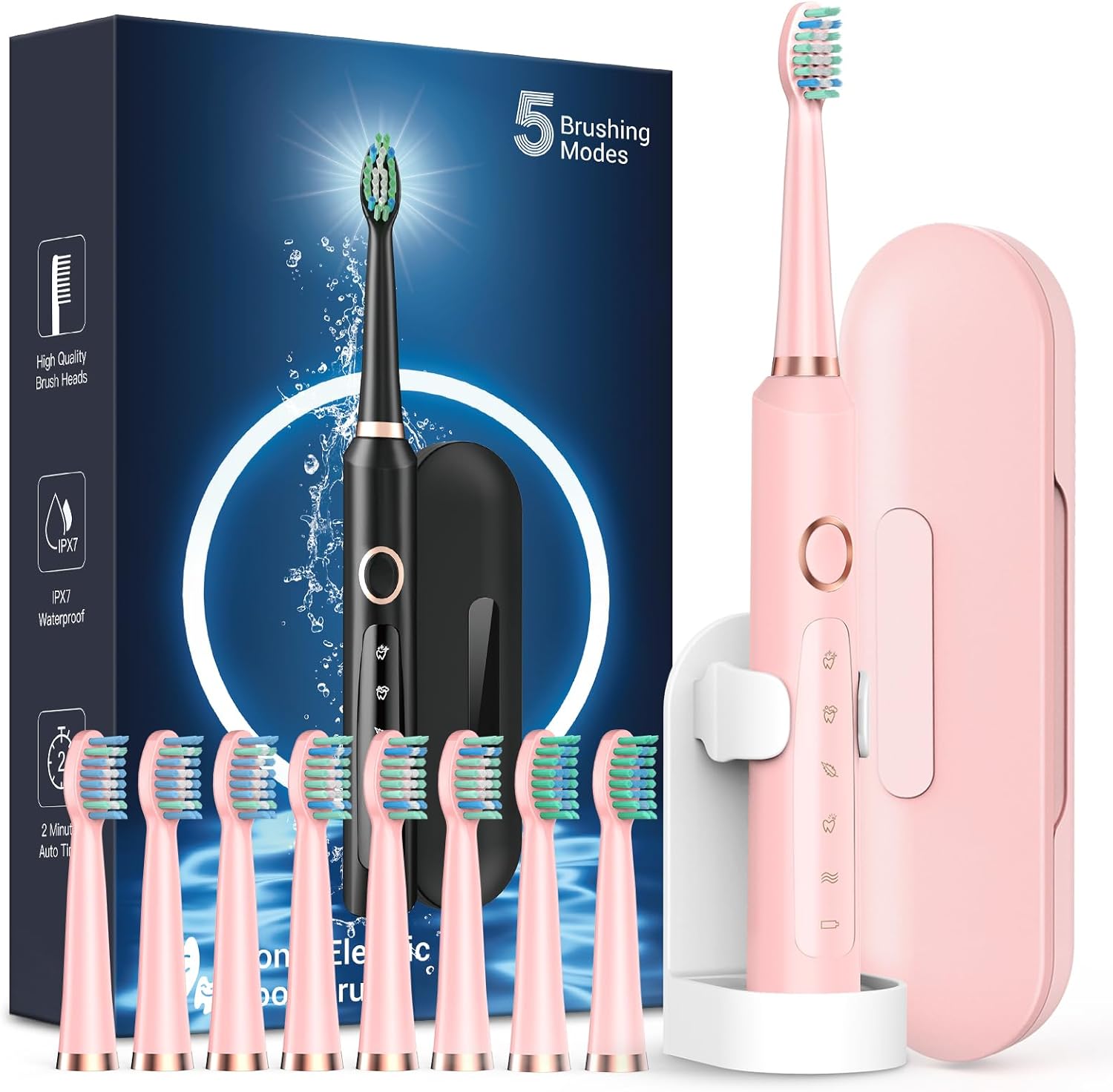 Cepillos de dientes eléctricos recargables Sonic para adultos con 8 cabezales de cepillo y estuche de viaje, blanqueamiento de dientes, cepillo de