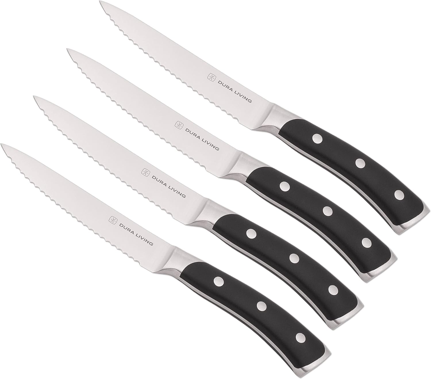 DURA LIVING Elite – Juego de 4 cuchillos para carne, acero alemán forjado con mango ergonómico, juego de cuchillos de carne dentados de alta calidad