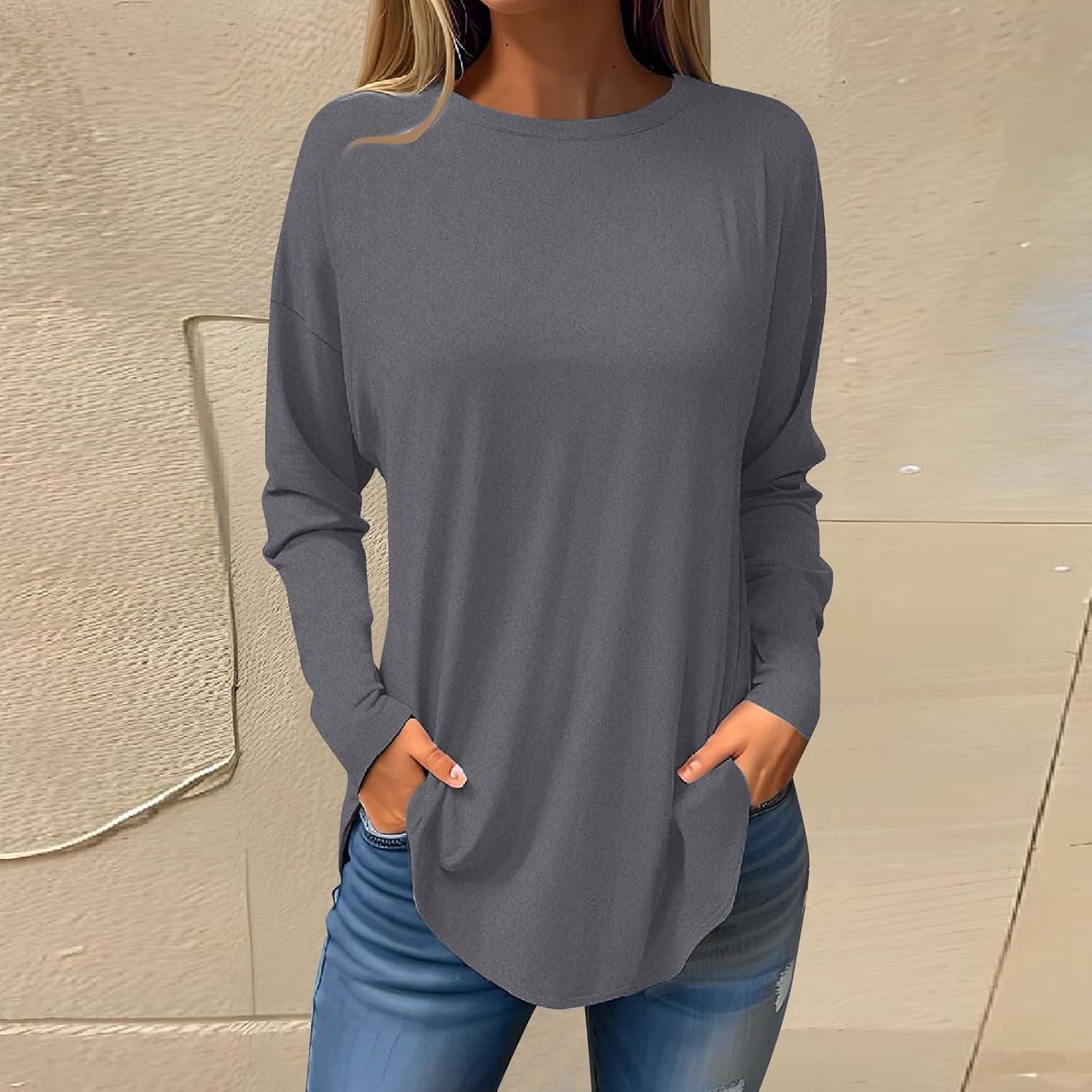 Camisas para mujer, elegantes, casuales, para otoño, lisas, blusas casuales de manga larga, sexy, camisetas de invierno con cuello redondo