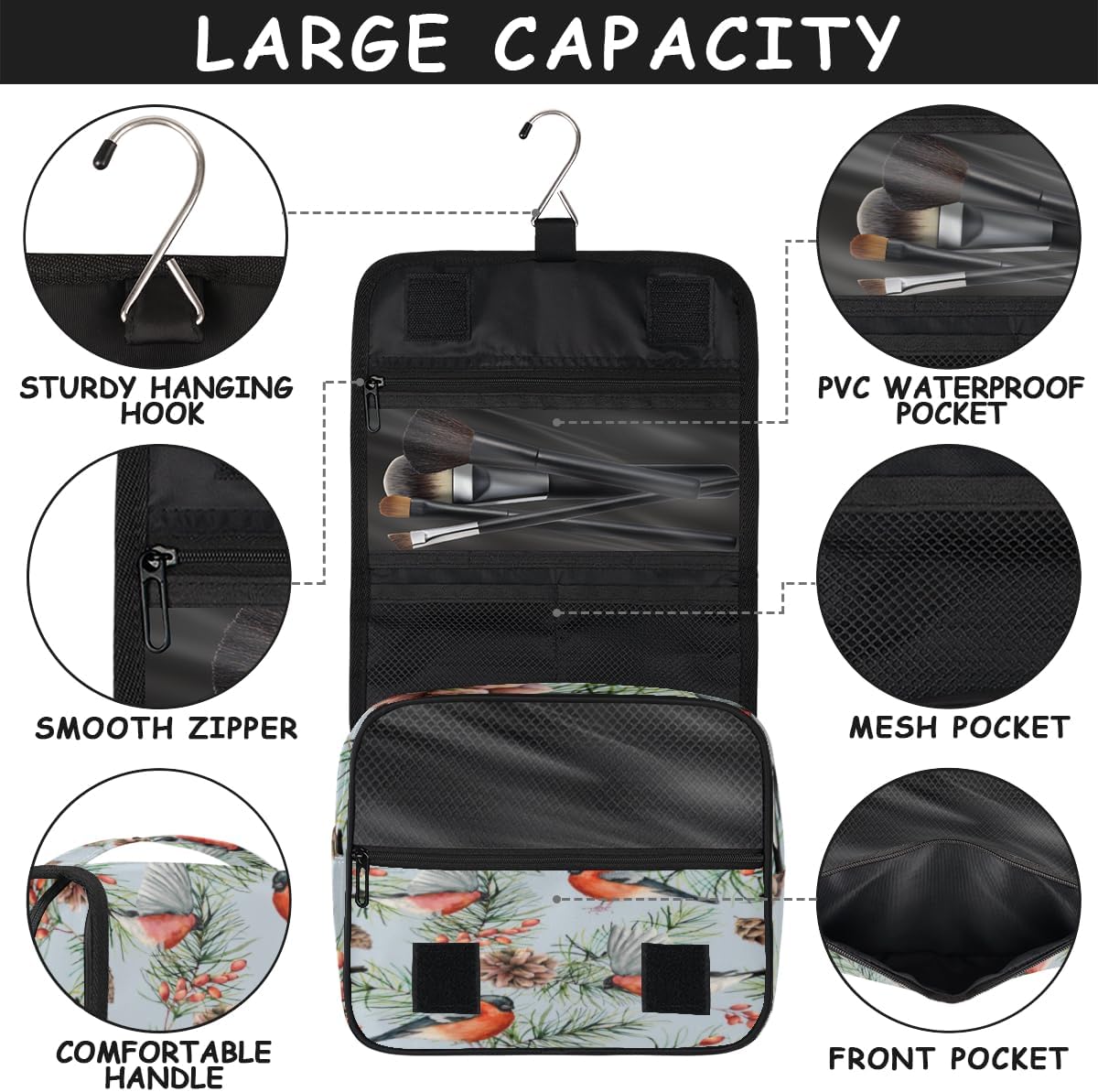 QsirBC Bolsa de aseo de pájaros de camachuelo de acuarela para mujer, organizador de maquillaje de viaje con gancho para colgar, bolsas de