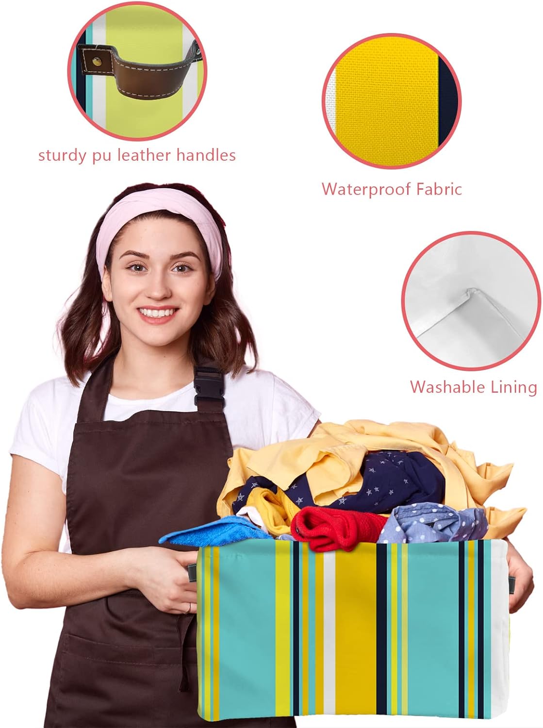 Cesta de almacenamiento a rayas amarillas verde azulado para organizar estantes, cajas de almacenamiento plegables con asa, rayas blancas de arte