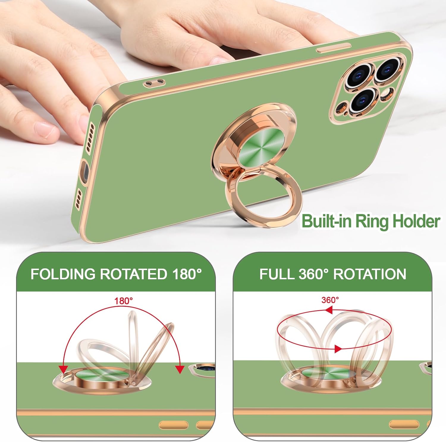 Hython Funda para iPhone 12 Pro con soporte de anillo, soporte de anillo giratorio de 360, soporte magnético, chapado en oro rosa, TPU suave,