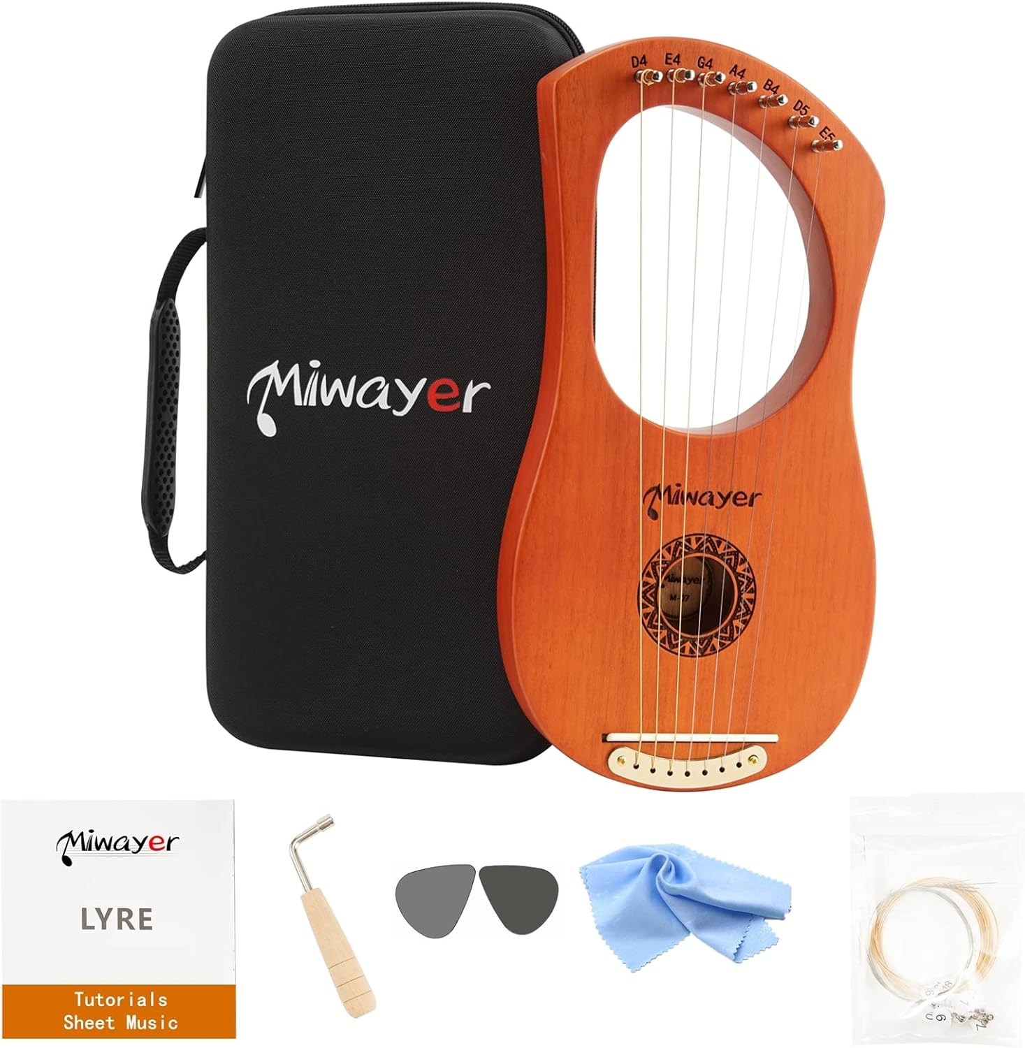 Miwayer Arpa de lira de 7, 10, 16, 19, 21 cuerdas, instrumento musical de caoba, cuerpo de caoba, tótem retro de madera, instrumento de cuerda