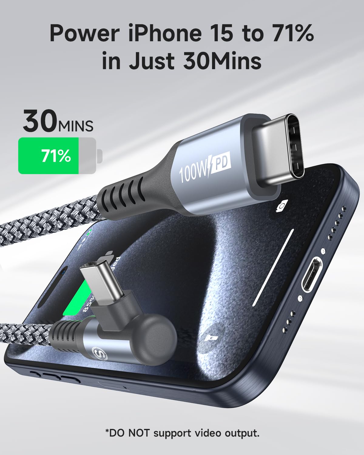 Cable USB-C a USB-C de 3.3 pies, PD 100 W iPhone 15, cable de carga rápida de nailon trenzado de ángulo recto para iPhone 15 Plus15 Pro Max,