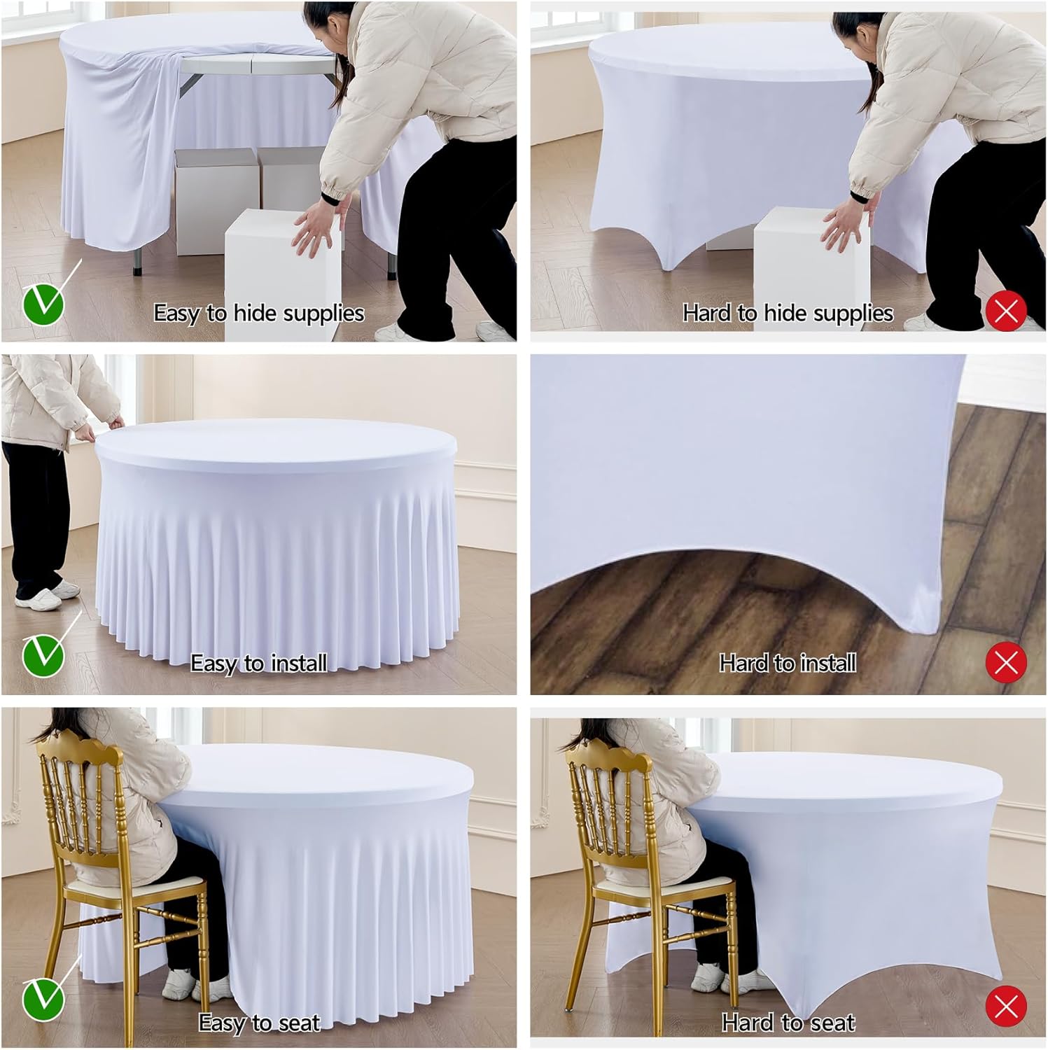 Paquete de 8 manteles de elastano blanco para mesa redonda de 72 pulgadas, manteles ajustables de 132 pulgadas para fiesta de boda, mantel de
