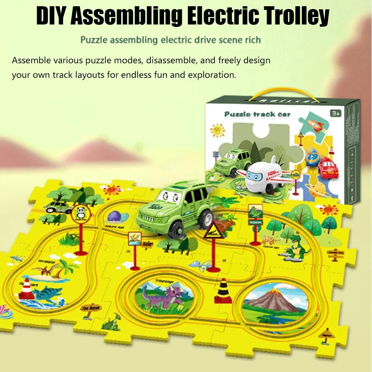 Carrito eléctrico de ensamblaje de bricolaje, juego de pista de rompecabezas para niños pequeños con vehículos, juguetes de construcción de