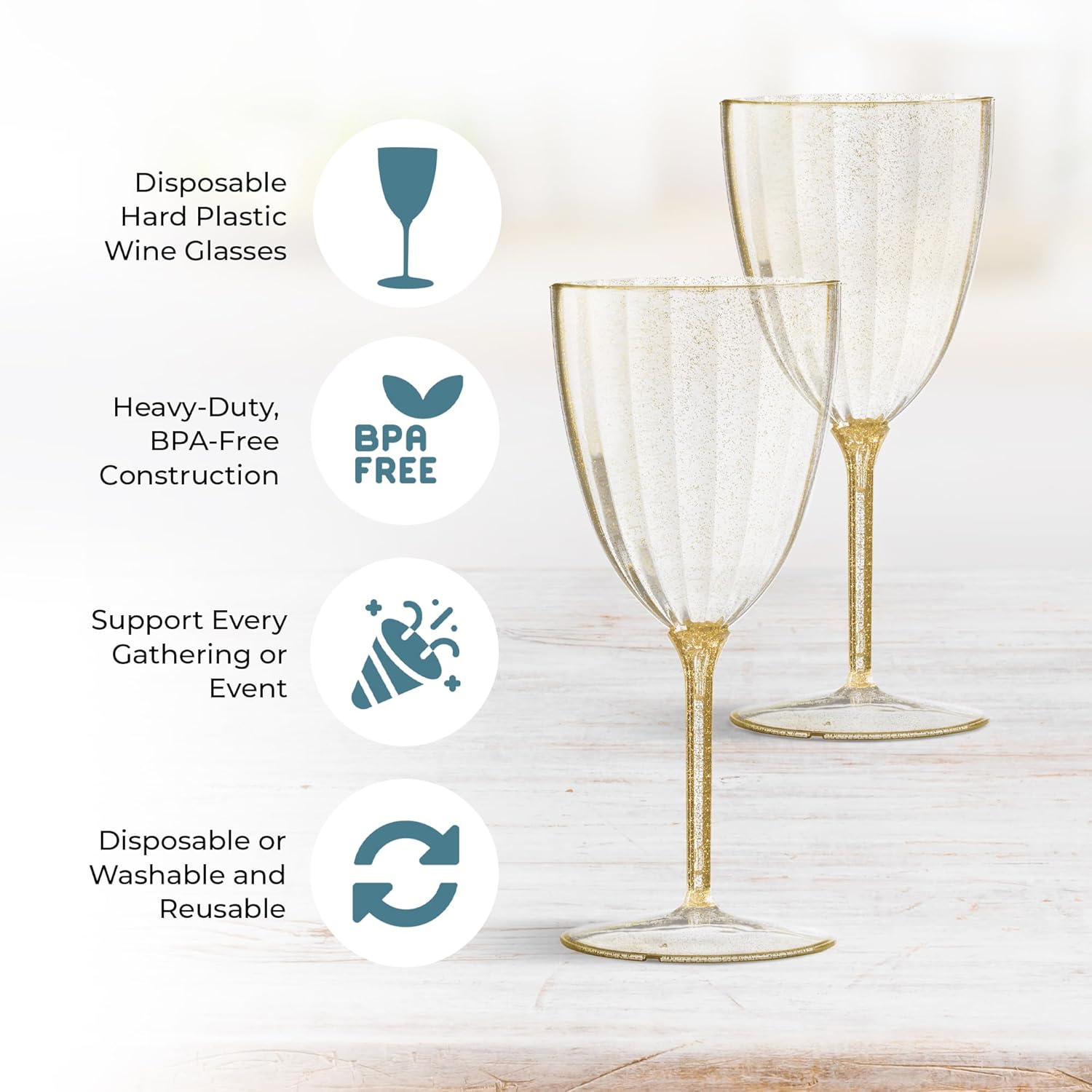 Posh Setting Copas de vino de plástico dorado con purpurina de 7 onzas, vasos desechables de plástico duro, tazas con tallo para tostar, bodas,