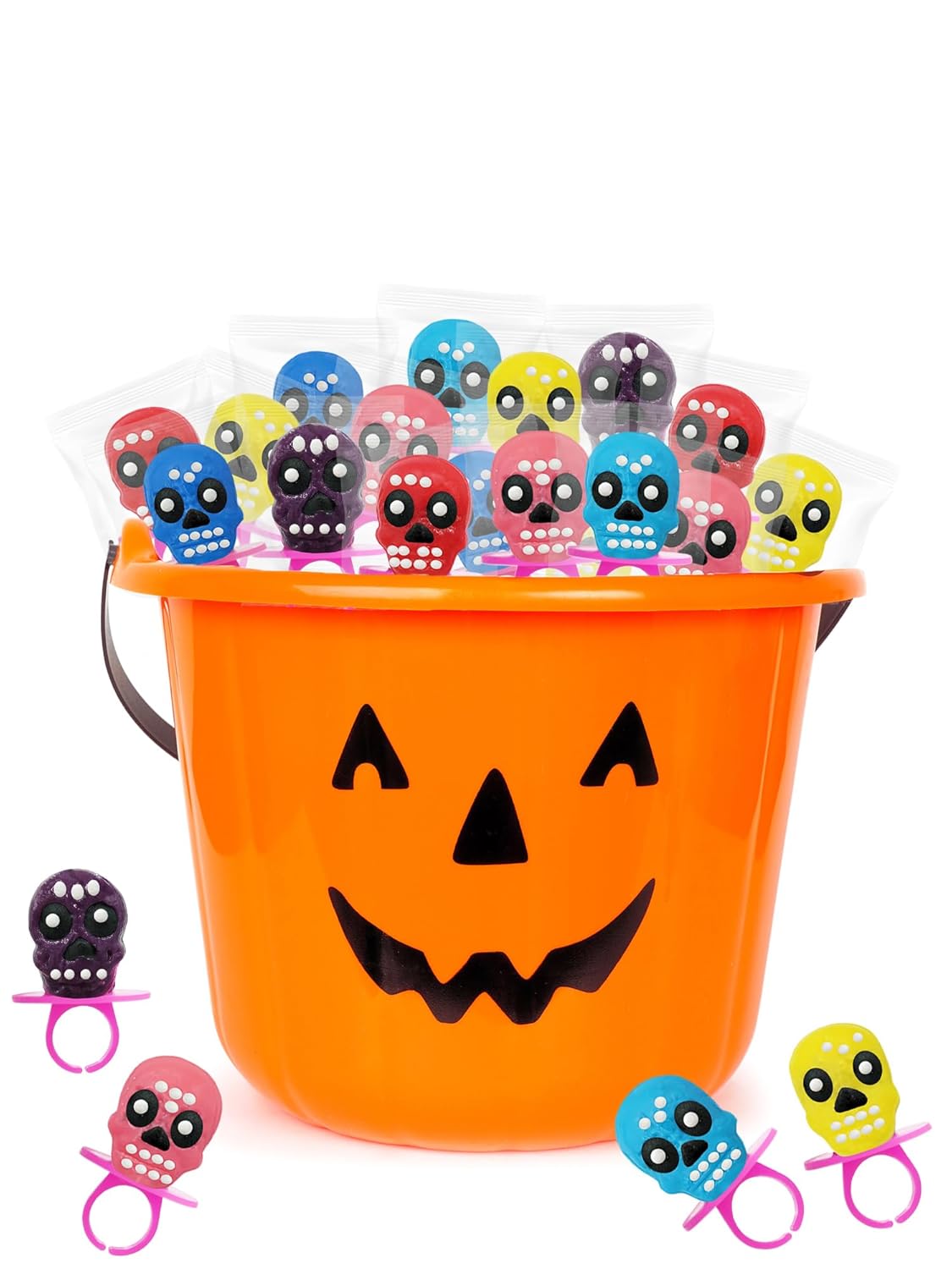 Anillos de caramelo de calavera de Halloween, Día de los Muertos, caramelo duro, envueltos individualmente (paquete de 12)