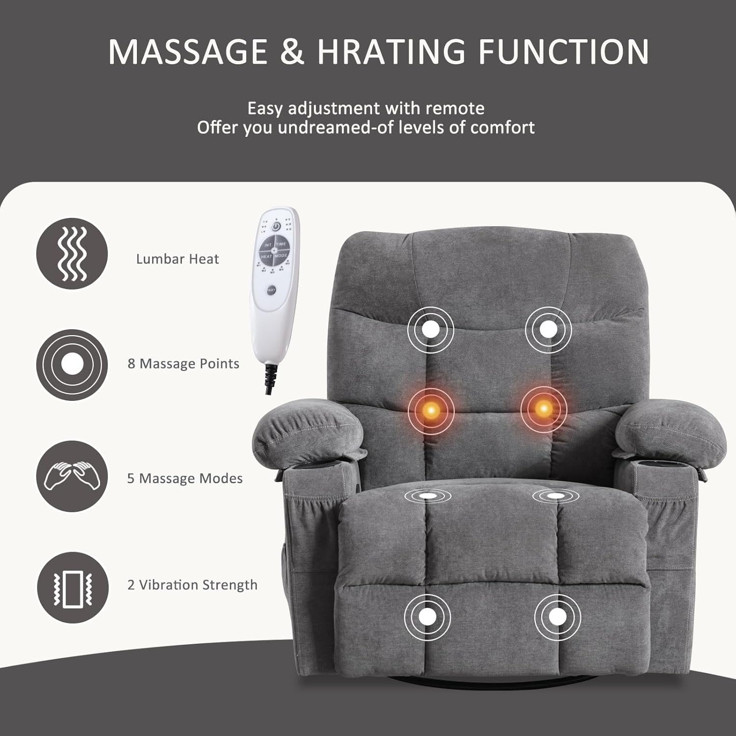 Rocker – Silla reclinable giratoria con masaje por vibración para sala de estar con función de balanceo y bolsillo lateral, 2 portavasos, puerto de
