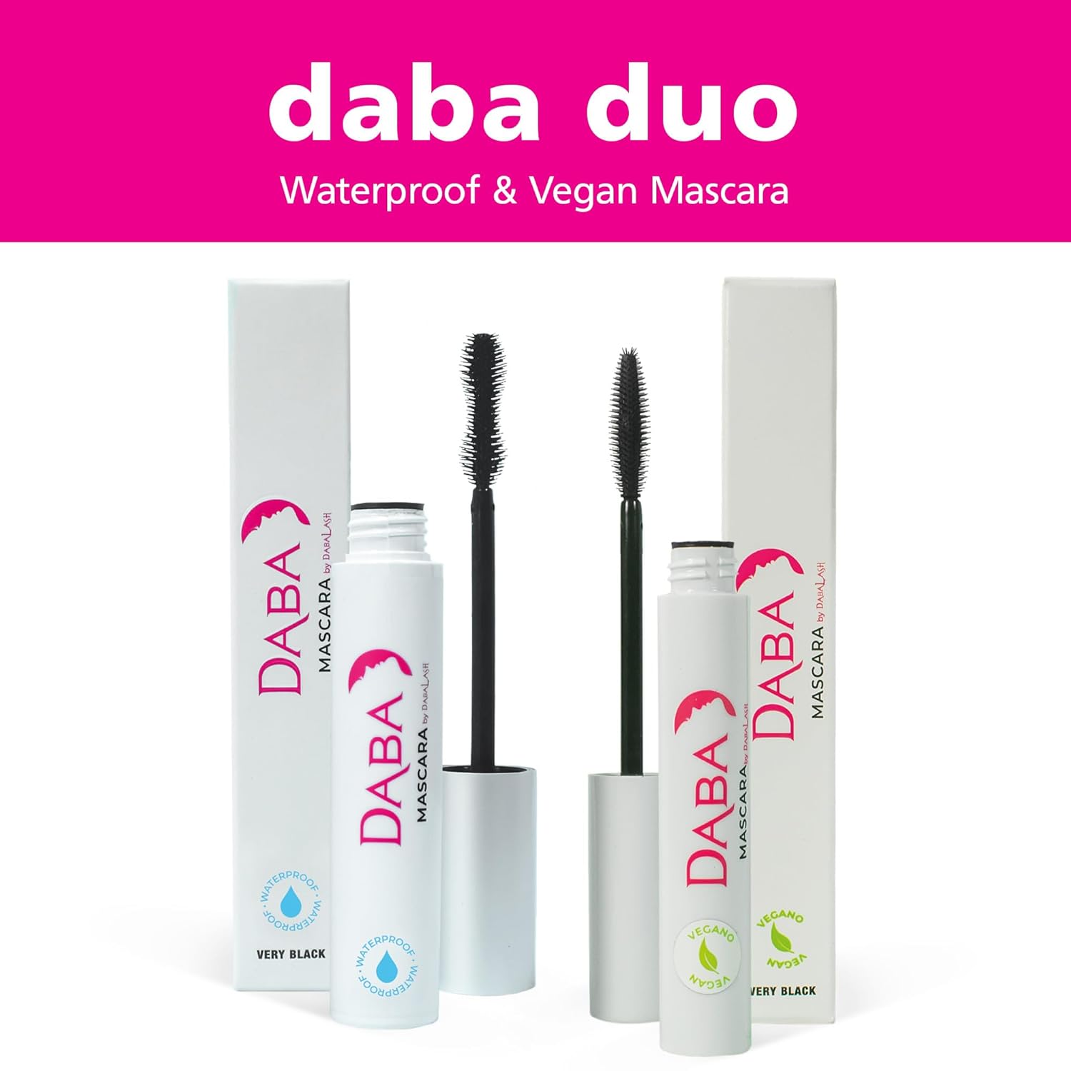 Daba Duo – Máscara de pestañas impermeable y suave rímel vegana – Longitud y volumen para pestañas – Muy negro – 0.45 oz y 0.3 oz