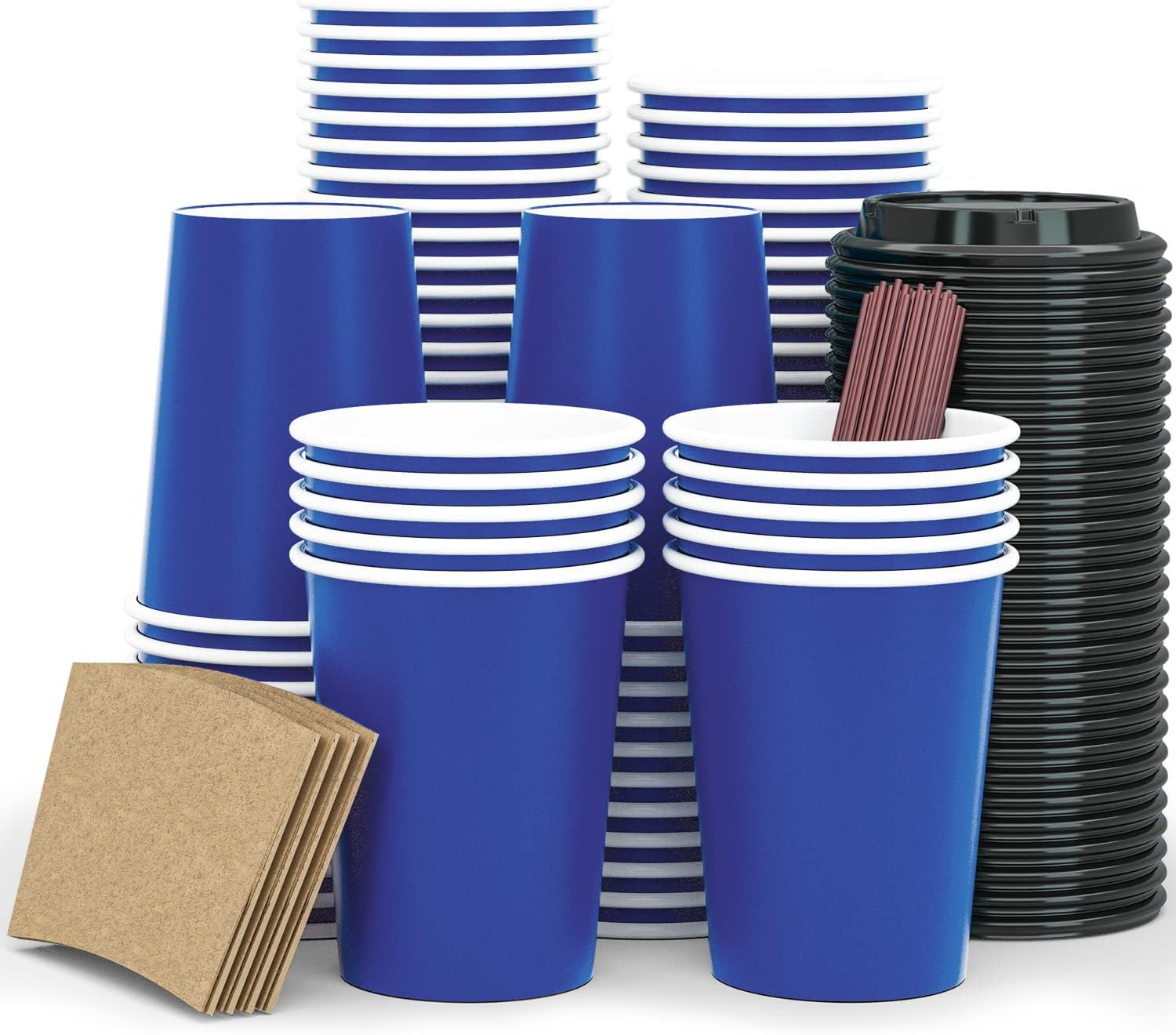 To Go – Tazas de papel de 12 onzas, paquete de 120 vasos desechables con tapas, mangas, popotes, bebidas calientesfrías para agua, jugo, café o té,