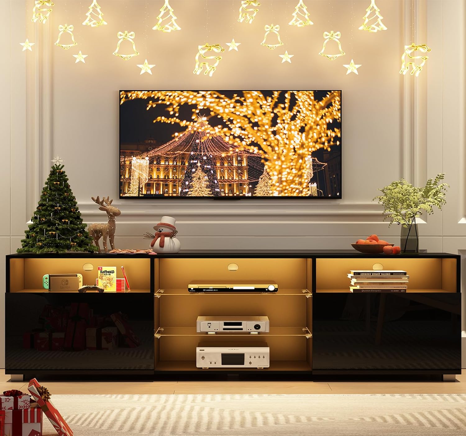 Uspeedy Soporte de TV LED de 65 pulgadas para TV de 6570 pulgadas, soporte de TV negro brillante para sala de estar, moderno centro de