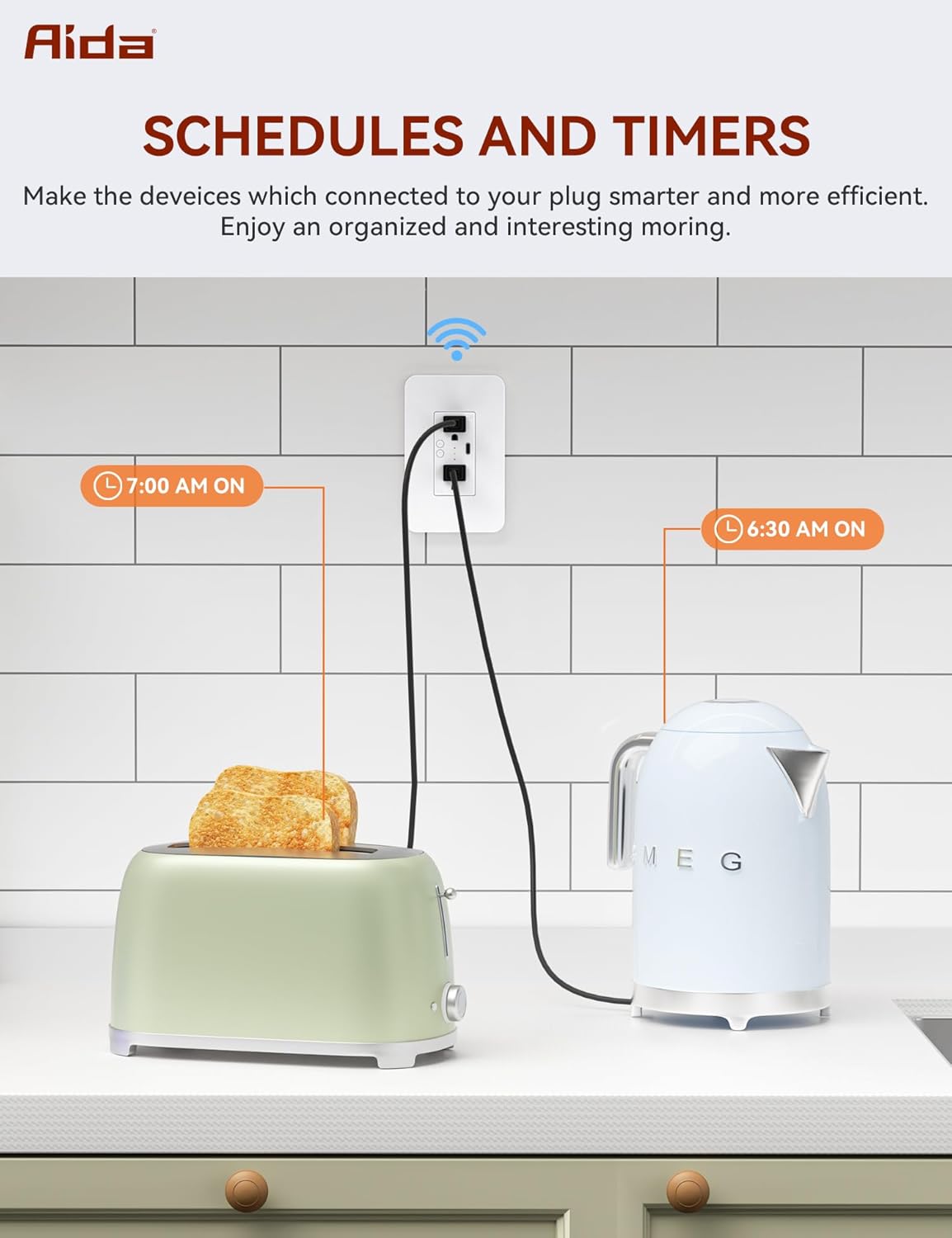 AIDA Toma de corriente inteligente Wi-Fi en pared, toma eléctrica estándar con puerto USB-C, receptáculo de 15 A, resistente a manipulaciones,