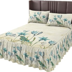 Faldas de cama plisadas envolventes florales de primavera para cama individual de 39 x 75 pulgadas, tulipán verde azulado, flor de verano, vintage, Faldas de cama plisadas envolventes florales de primavera para cama individual de 39 x 75 pulgadas, tulipán verde azulado, flor de verano, vintage,