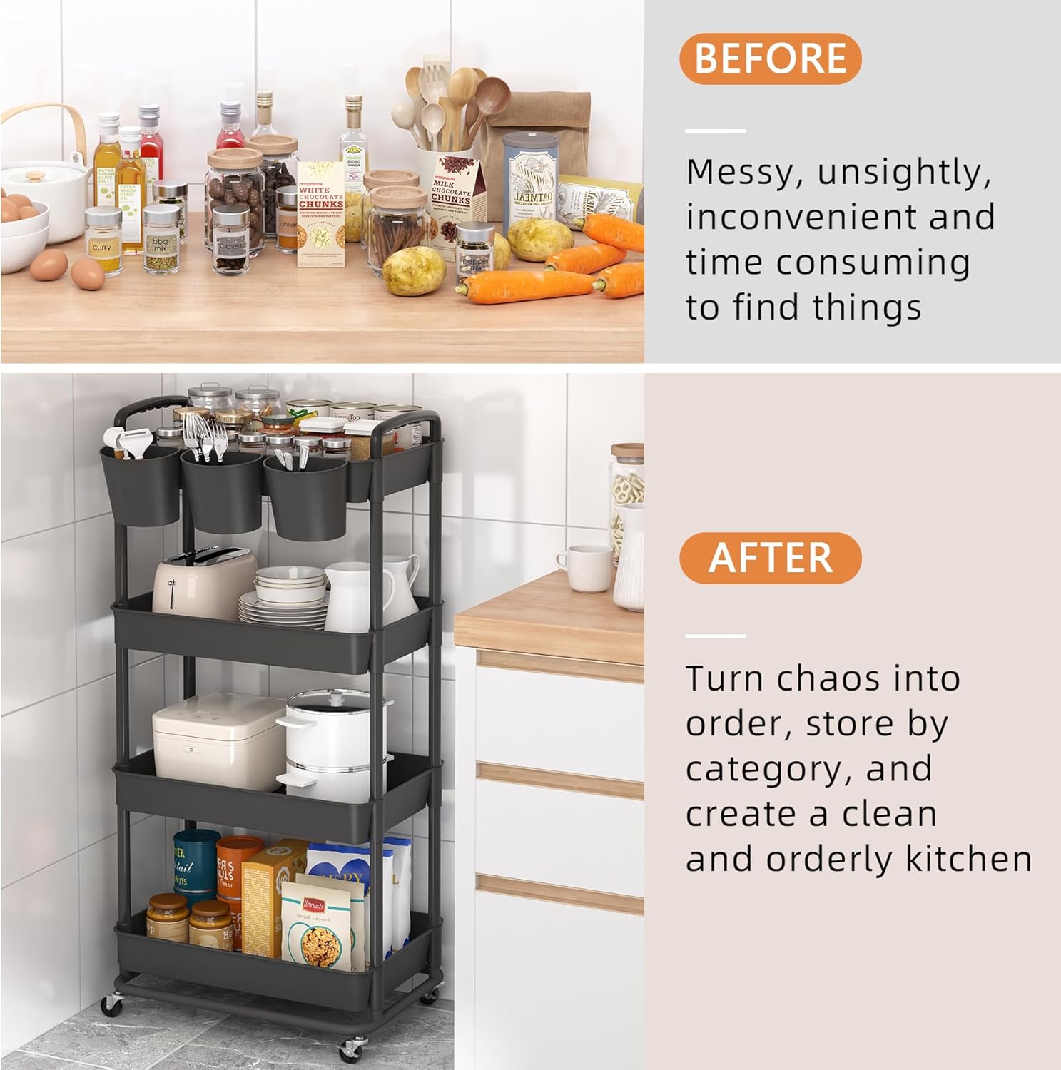 JIUYOTREE Carrito de almacenamiento de plástico de 4 niveles con asas de tazas colgantes adicionales, ruedas bloqueables para sala de estar, baño,