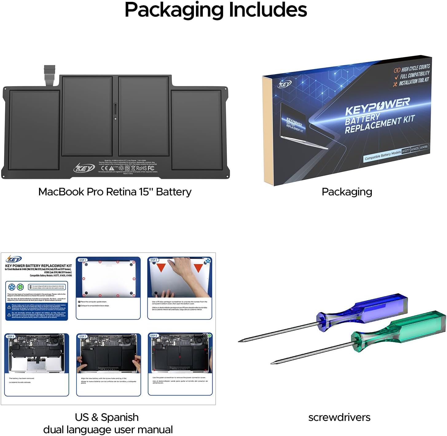 Key Power Batería A1466, repuesto de batería MacBook Air de 13 pulgadas para A1466 (mediados de 20122013, principios de 20142015, 2017), A1369