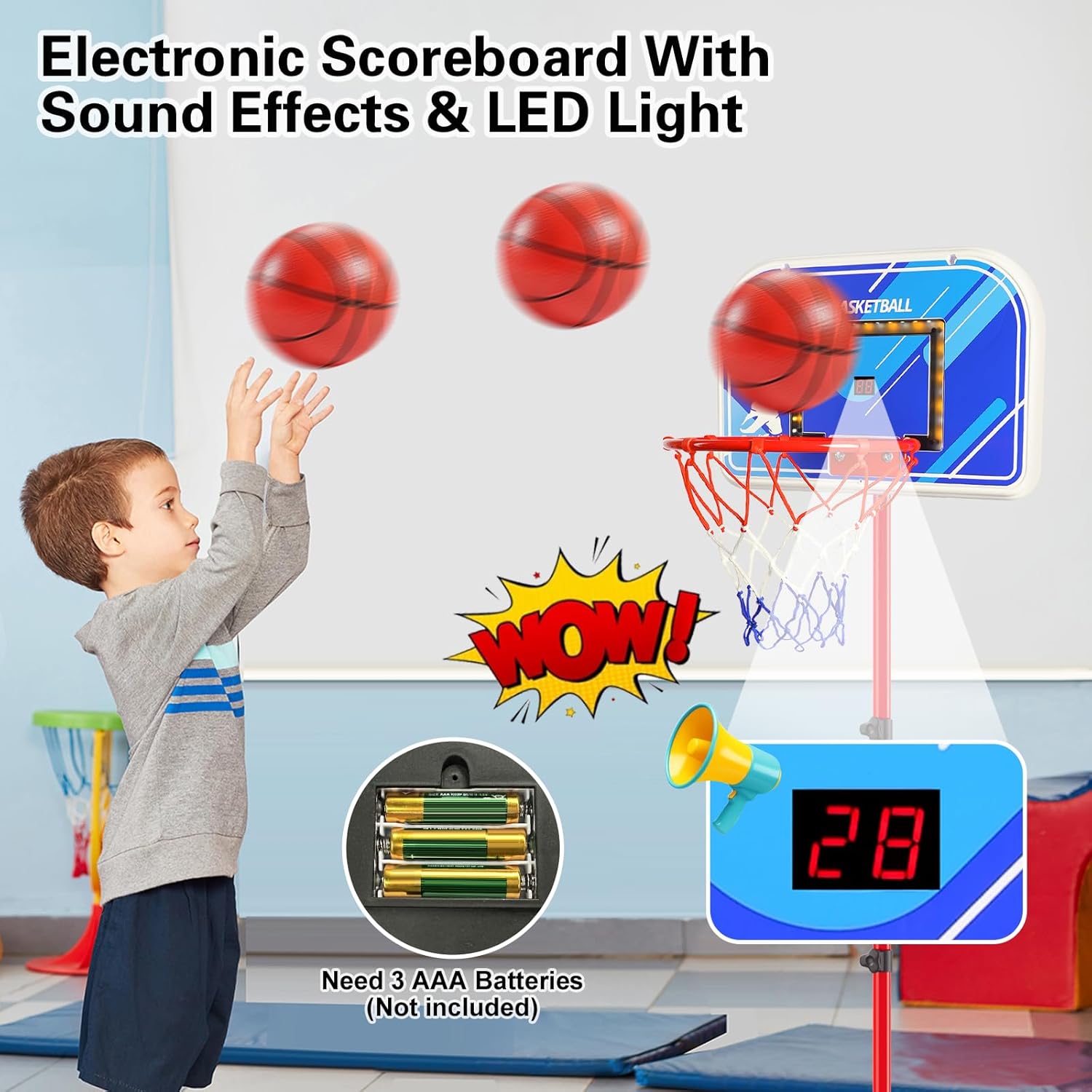 VATOS Aro de baloncesto para interiores para niños y niños pequeños, juego de portería de baloncesto de altura ajustable con luz LED y marcador y 3