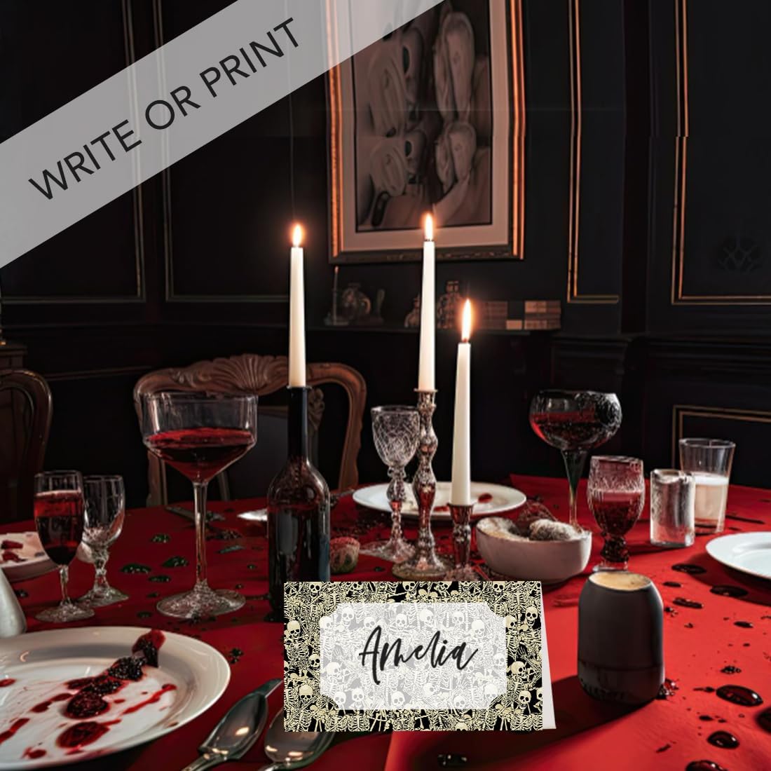 Andaz Press Paquete de 24 tarjetas de mesa de Halloween para colocar la mesa, con puntuaciones para plegarse fácilmente, esqueletos y sombras,